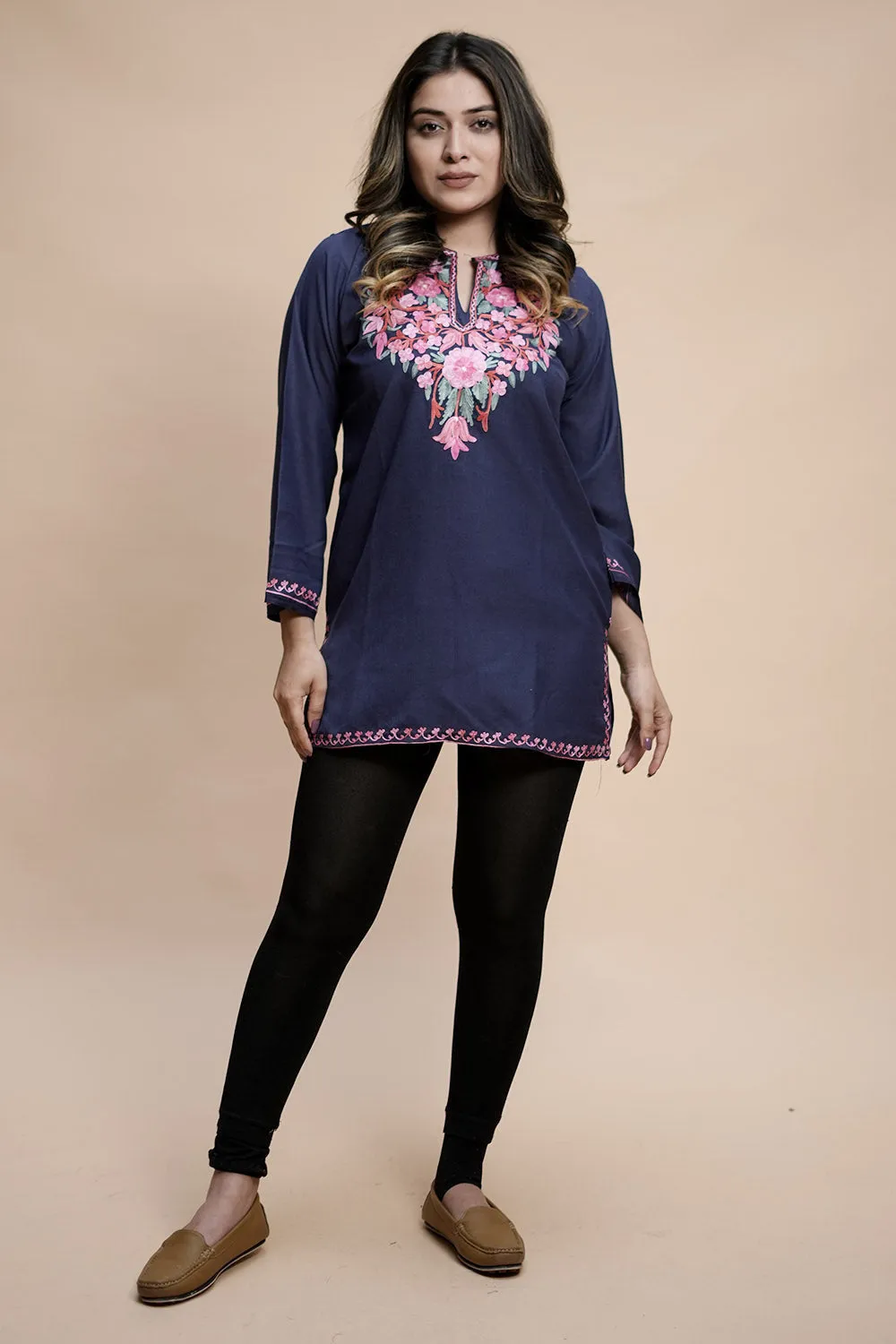 Blue Cotton Aari Work Kurti With Multicoloured Designer Flower Embroidery