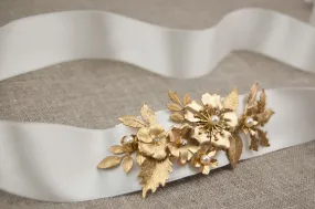 Bridal sash with gold metal flowers and leaves - EURHYMIA