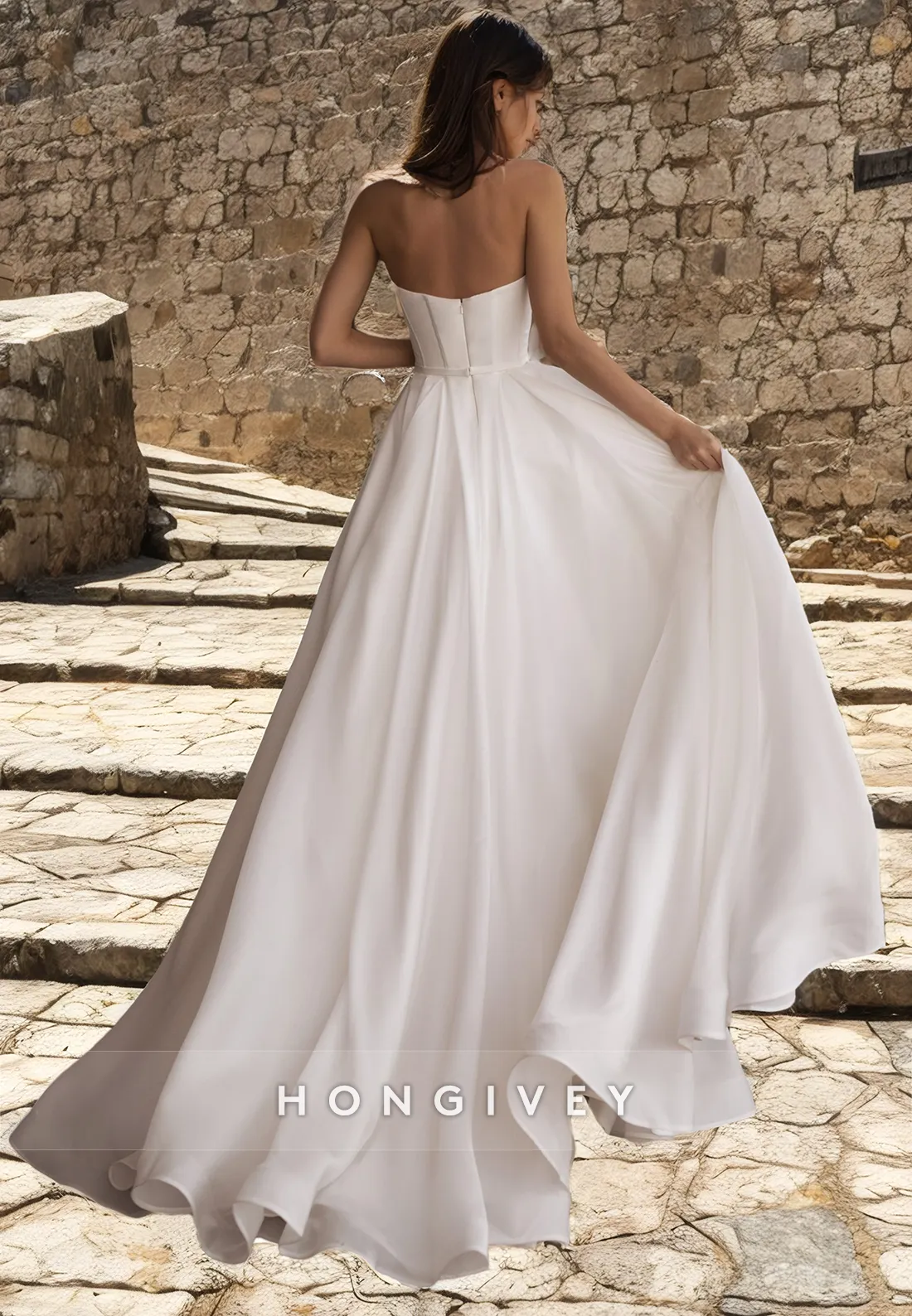 Casual Sweetheart Strapless A-Line With Train Summer Wedding Dress