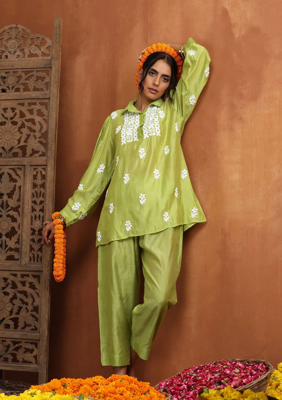 Chanderi Chikankari Solid Women's 2 PC Co-ord Set - Green