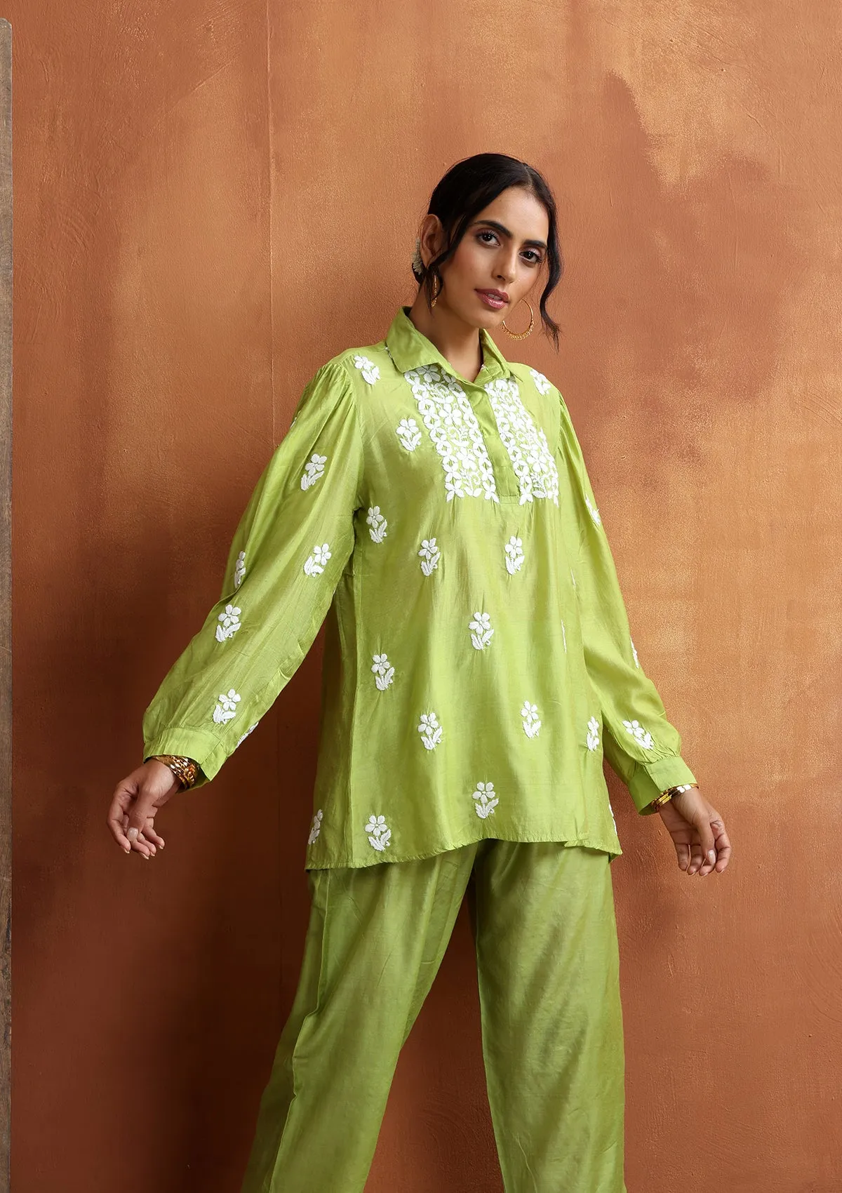 Chanderi Chikankari Solid Women's 2 PC Co-ord Set - Green