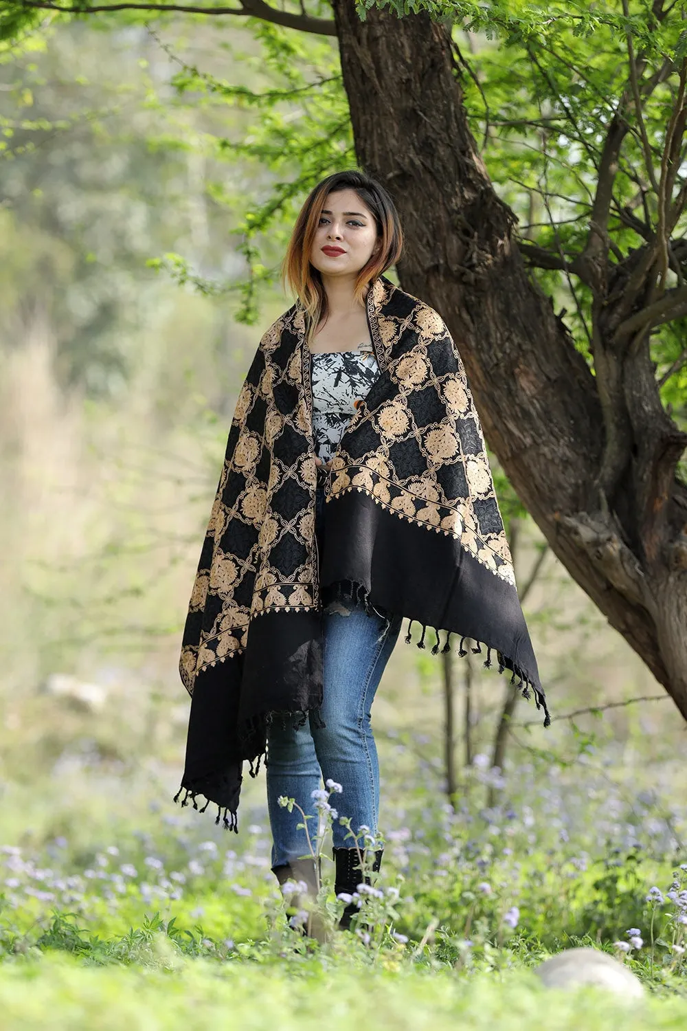 Charismatic Black & Beige Colour Stole With Graceful Dense Jaal Pattern Of Kashmiri Embroidery Makes It An Ideal Wear.