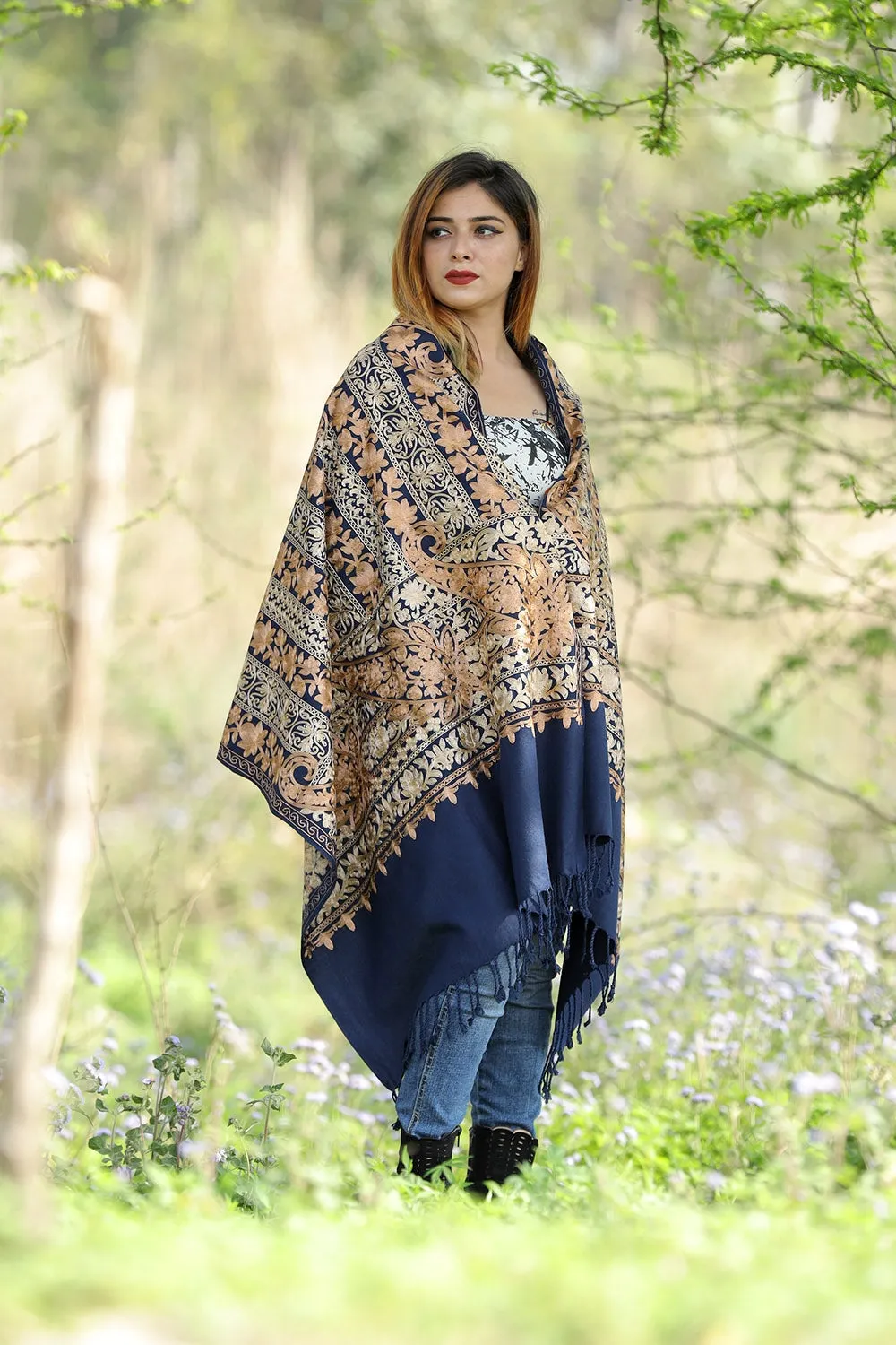 Charismatic Navy Blue Stole With Graceful Dense Jaal Pattern Of Kashmiri Embroidery Makes It An Ideal Wear.