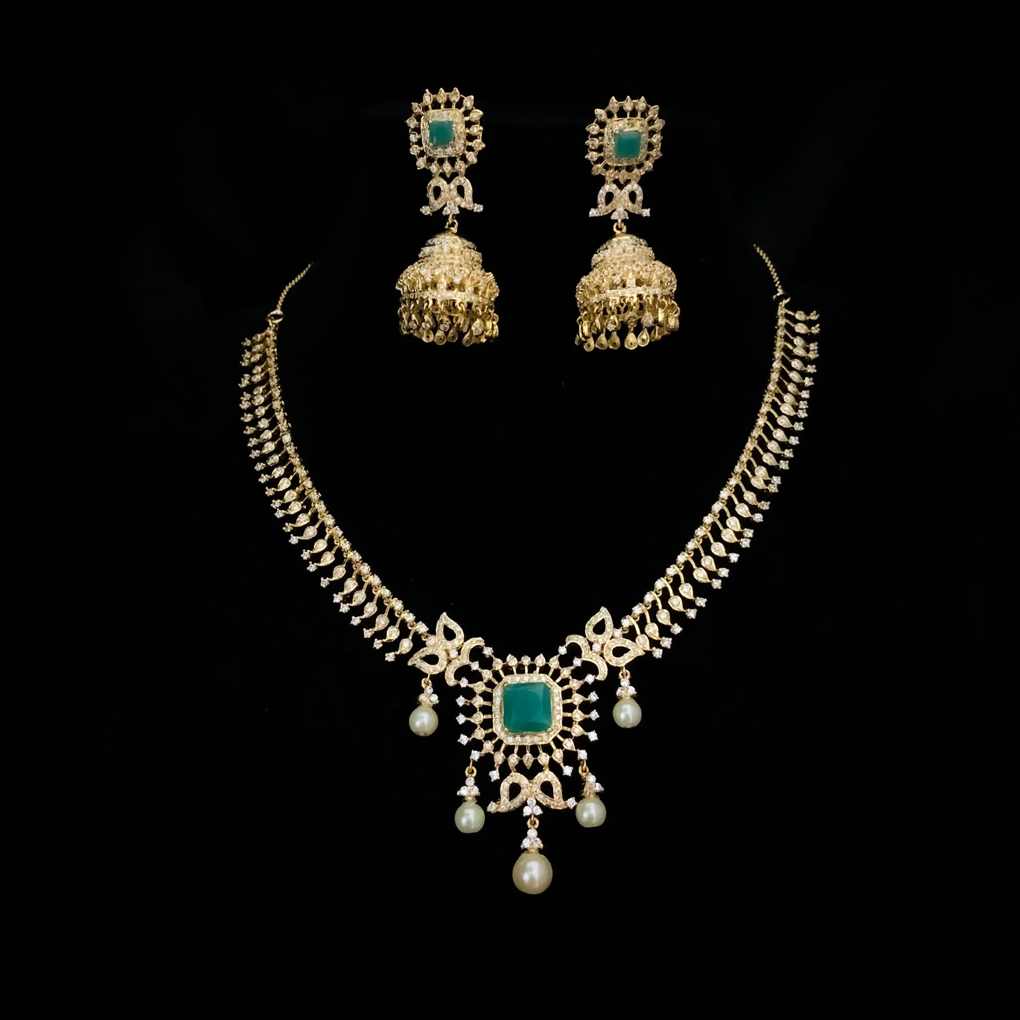 Classic Exquisite White and Green Zircon (CZ) Stone Necklace set with Jhumka Earring