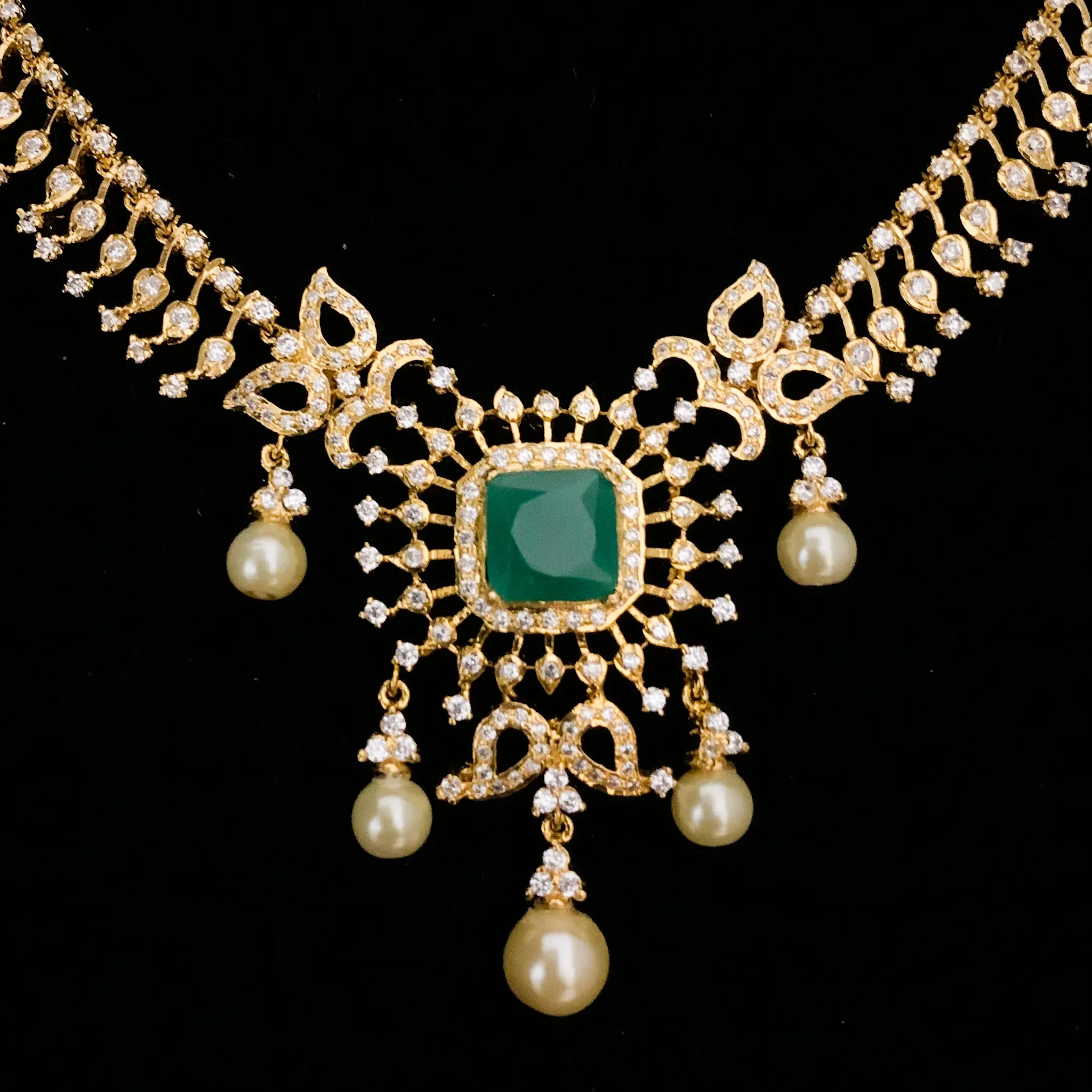 Classic Exquisite White and Green Zircon (CZ) Stone Necklace set with Jhumka Earring