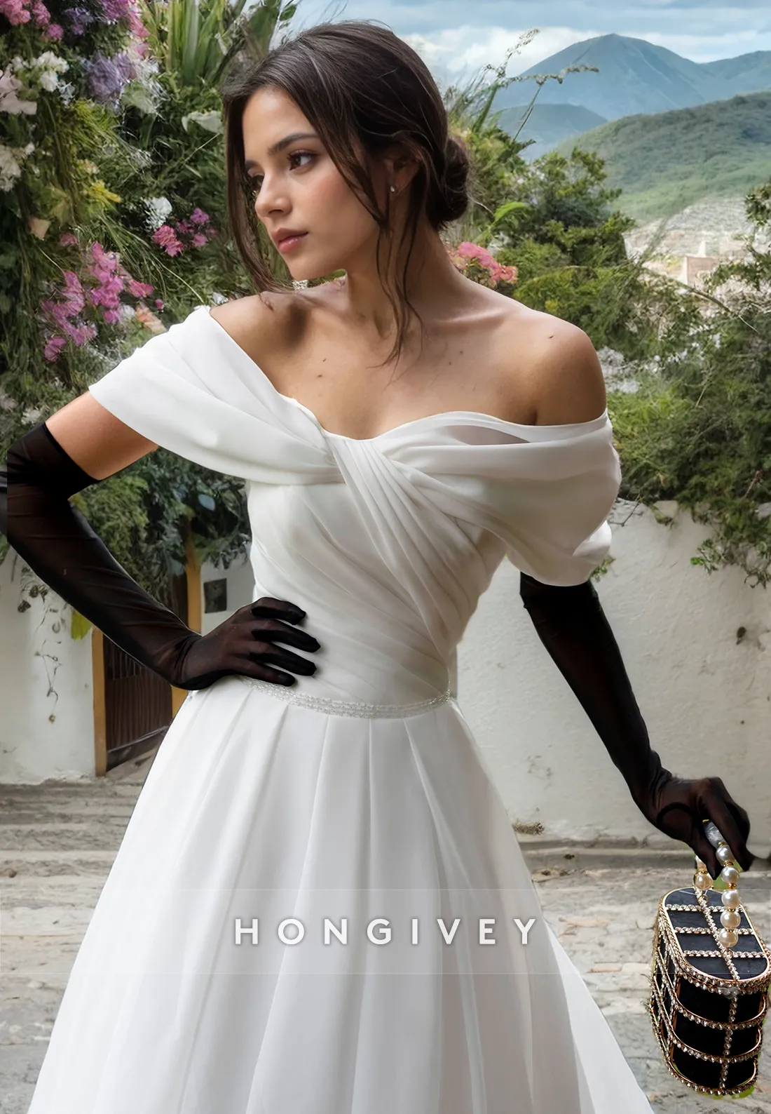 Classic Tulle A-Line Off-Shoulder Empire With Train Wedding Dress