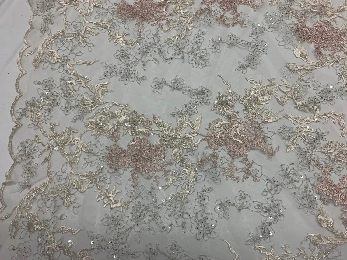 Dark Ivory Sequin Floral Bridal Fabric/ Beaded Fabric/ 3D Lace Fabric