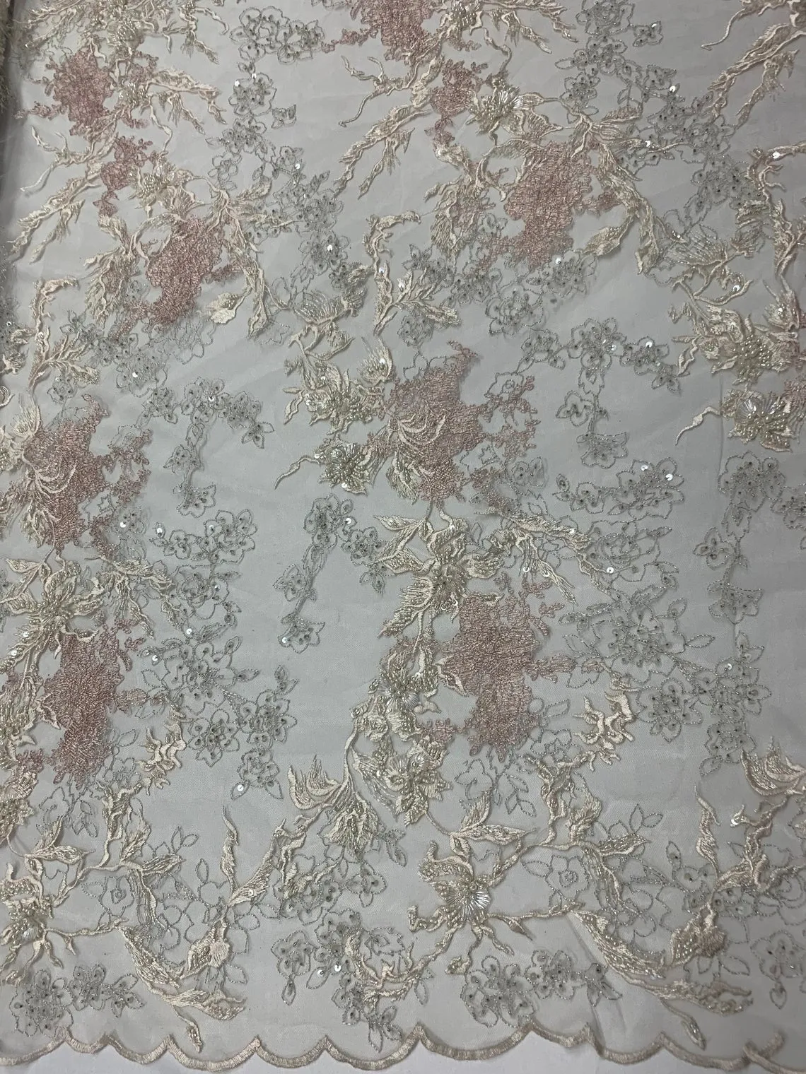 Dark Ivory Sequin Floral Bridal Fabric/ Beaded Fabric/ 3D Lace Fabric