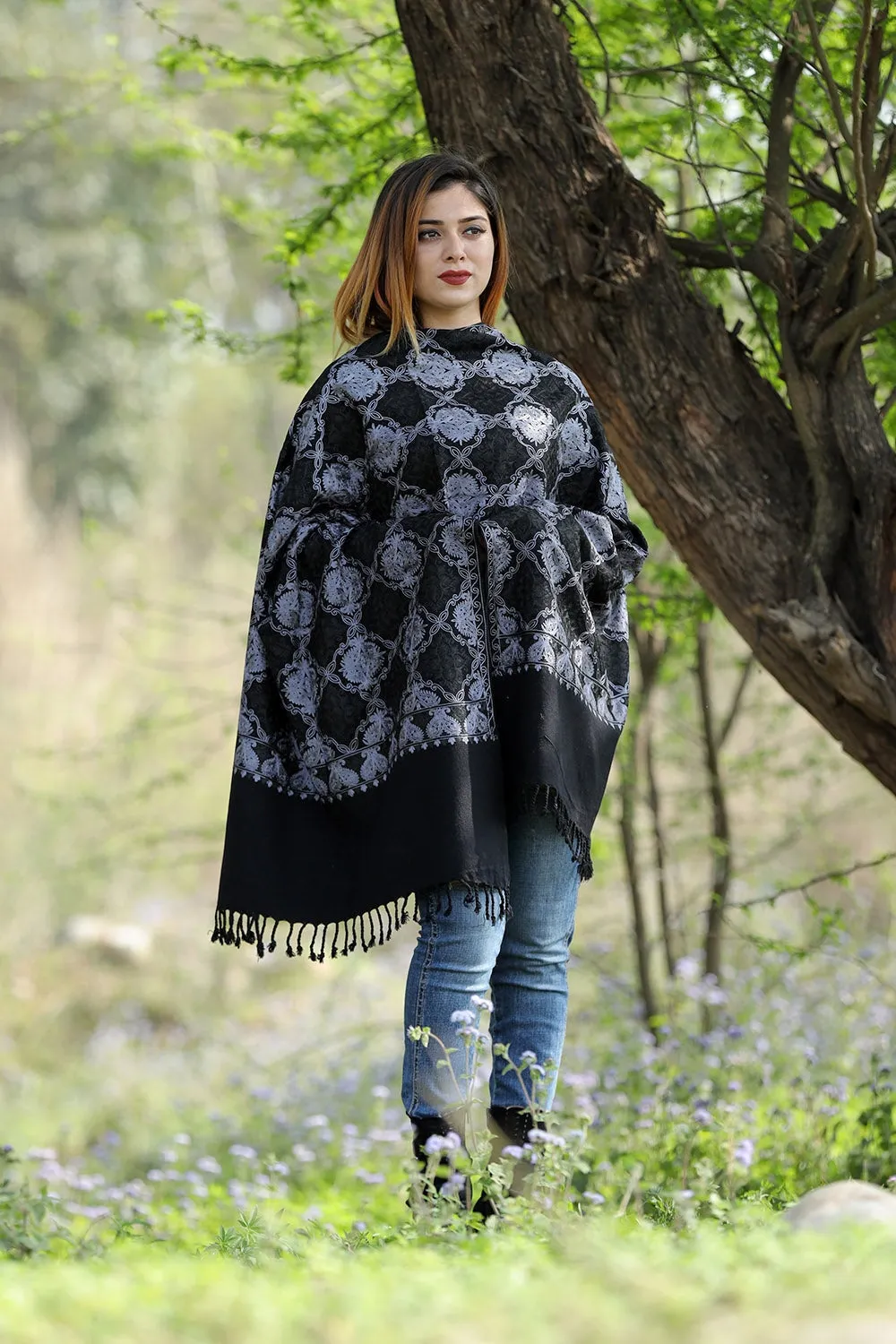 DEEP Black Colour Stole With Graceful Dense Jaal Pattern Of Kashmiri Embroidery Makes It An Ideal Wear.