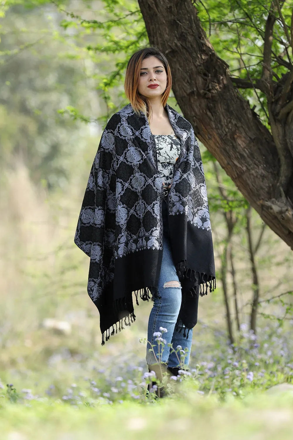 DEEP Black Colour Stole With Graceful Dense Jaal Pattern Of Kashmiri Embroidery Makes It An Ideal Wear.