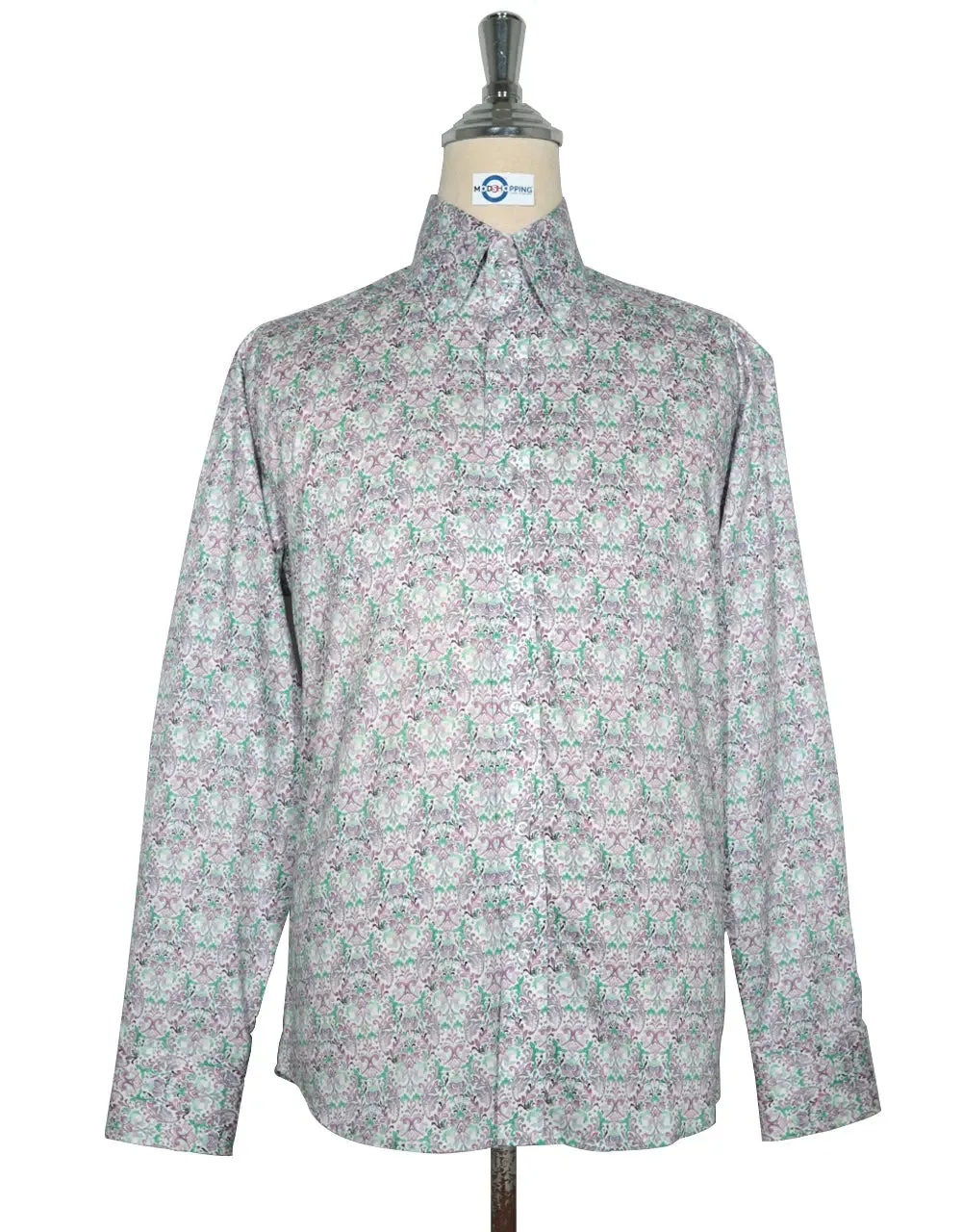 Double Collar Shirt - 60s  Style Green and Purple Floral Shirt