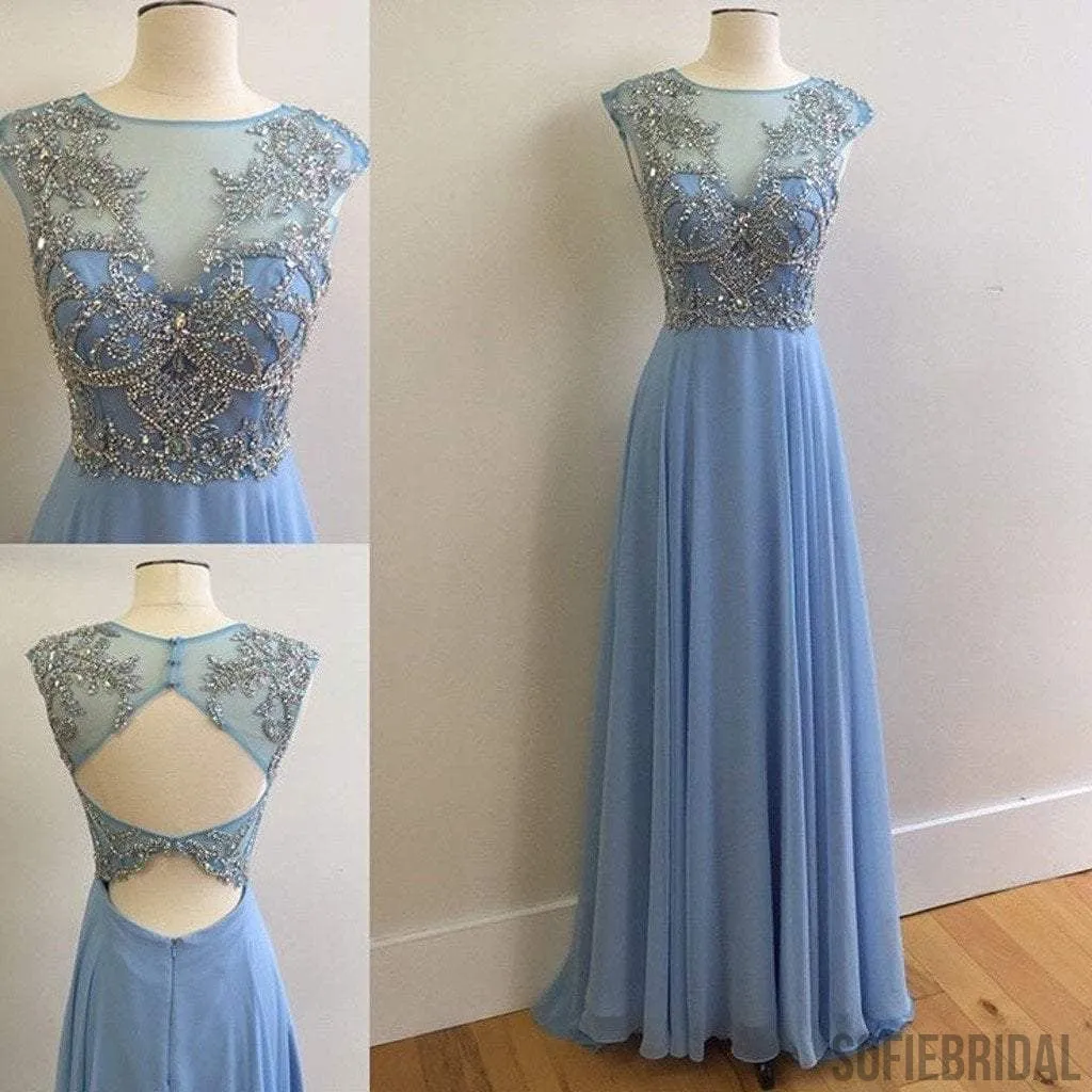 Elegant Round Neck Rhinestone Top Sheer Long Chiffon Prom Dresses,PD0526