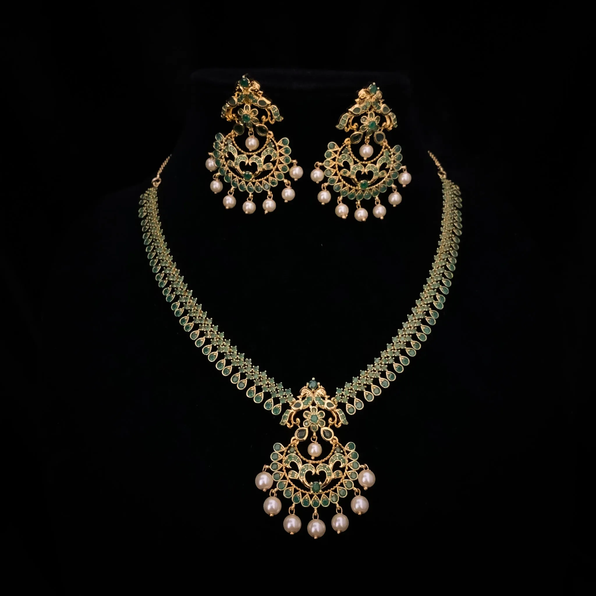 Emerald Green Zircon (CZ) Stone Necklace Set with Chaandbali Earring