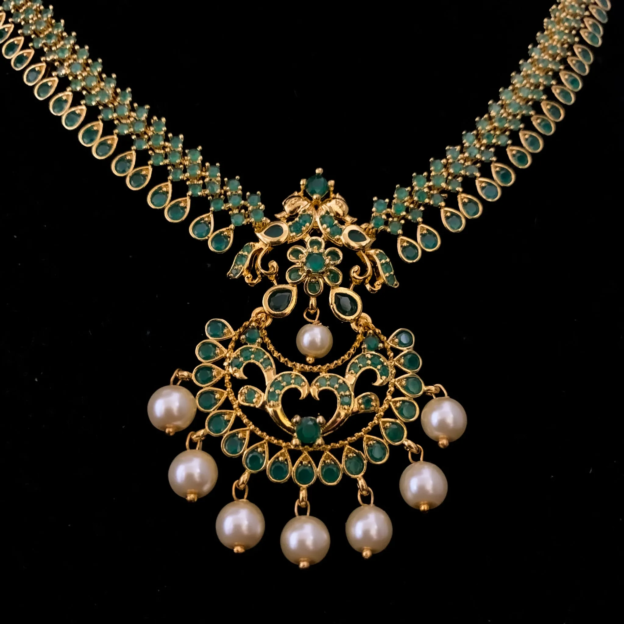 Emerald Green Zircon (CZ) Stone Necklace Set with Chaandbali Earring