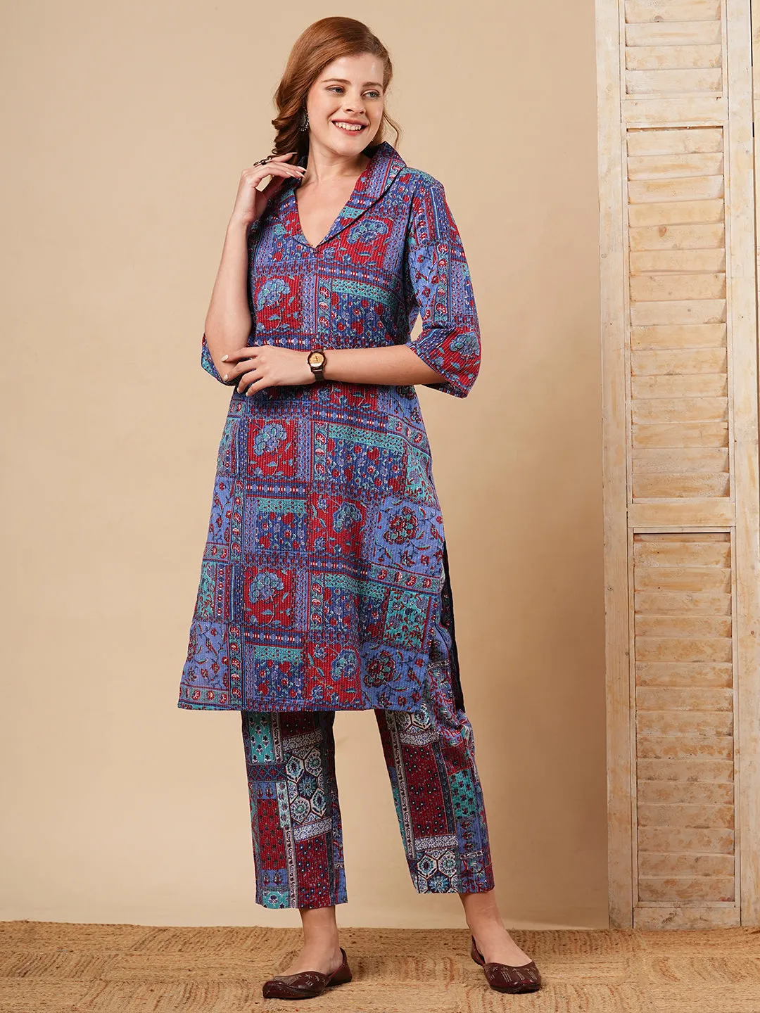 Ethnic Floral Geometric Printed Straight Fit Co-ord Set - Purple