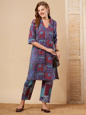 Ethnic Floral Geometric Printed Straight Fit Co-ord Set - Purple