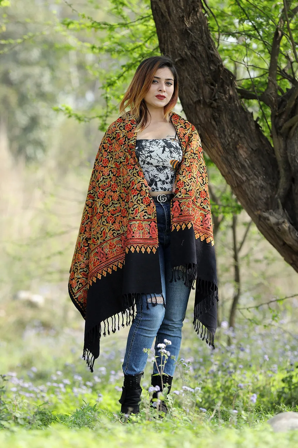 EXOTIC MULTICOLORED Black Colour Stole With Graceful Dense Jaal Pattern Of Kashmiri Embroidery Makes It An Ideal Wear.