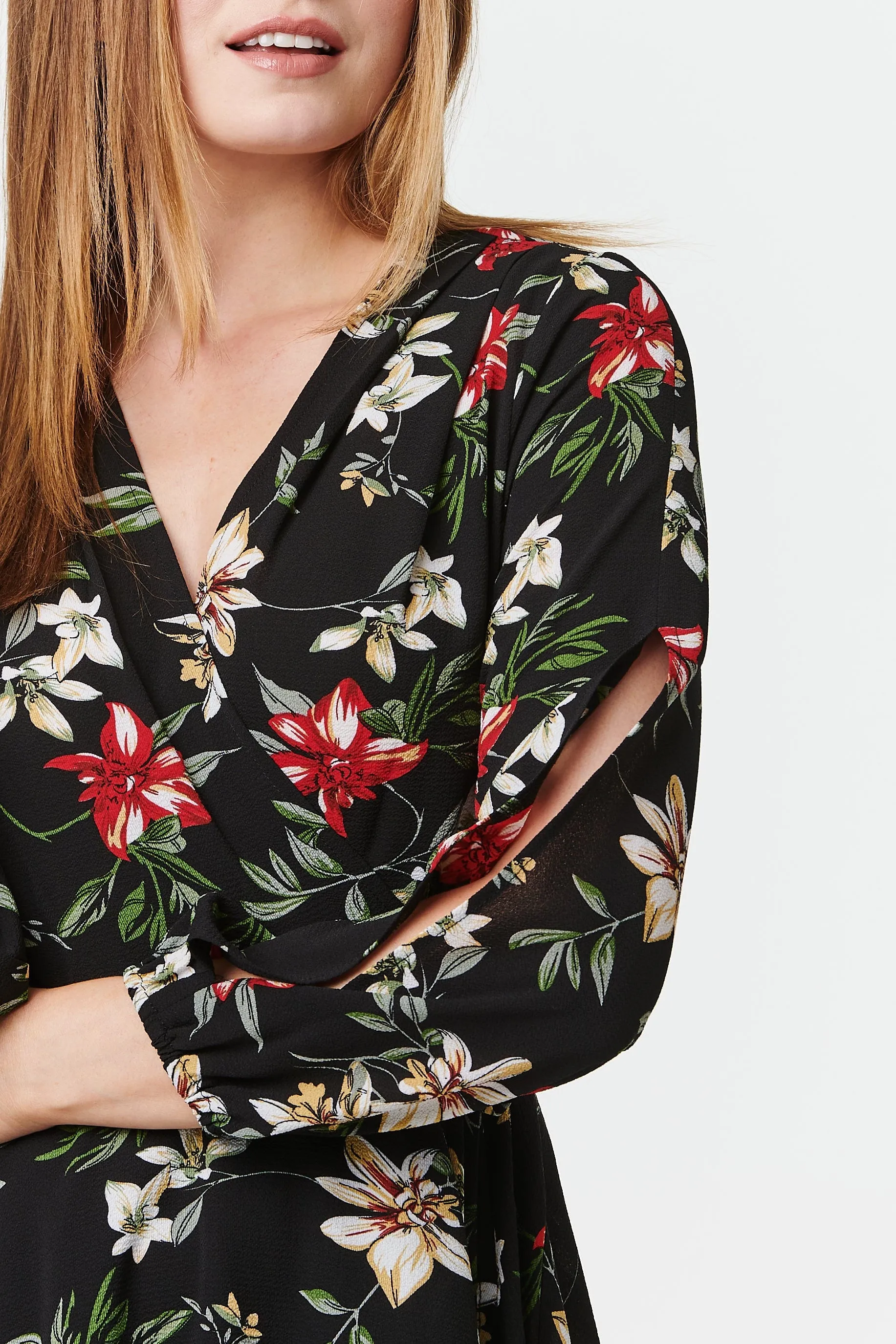 Floral Long Sleeve Wrap Front Dress