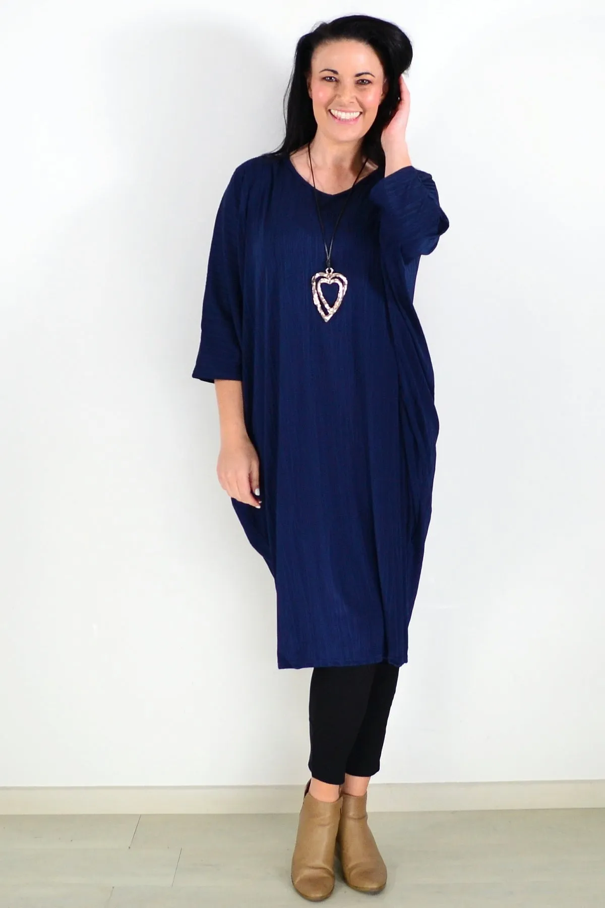 Free Size Navy Ribbed Oversized Tunic Dress