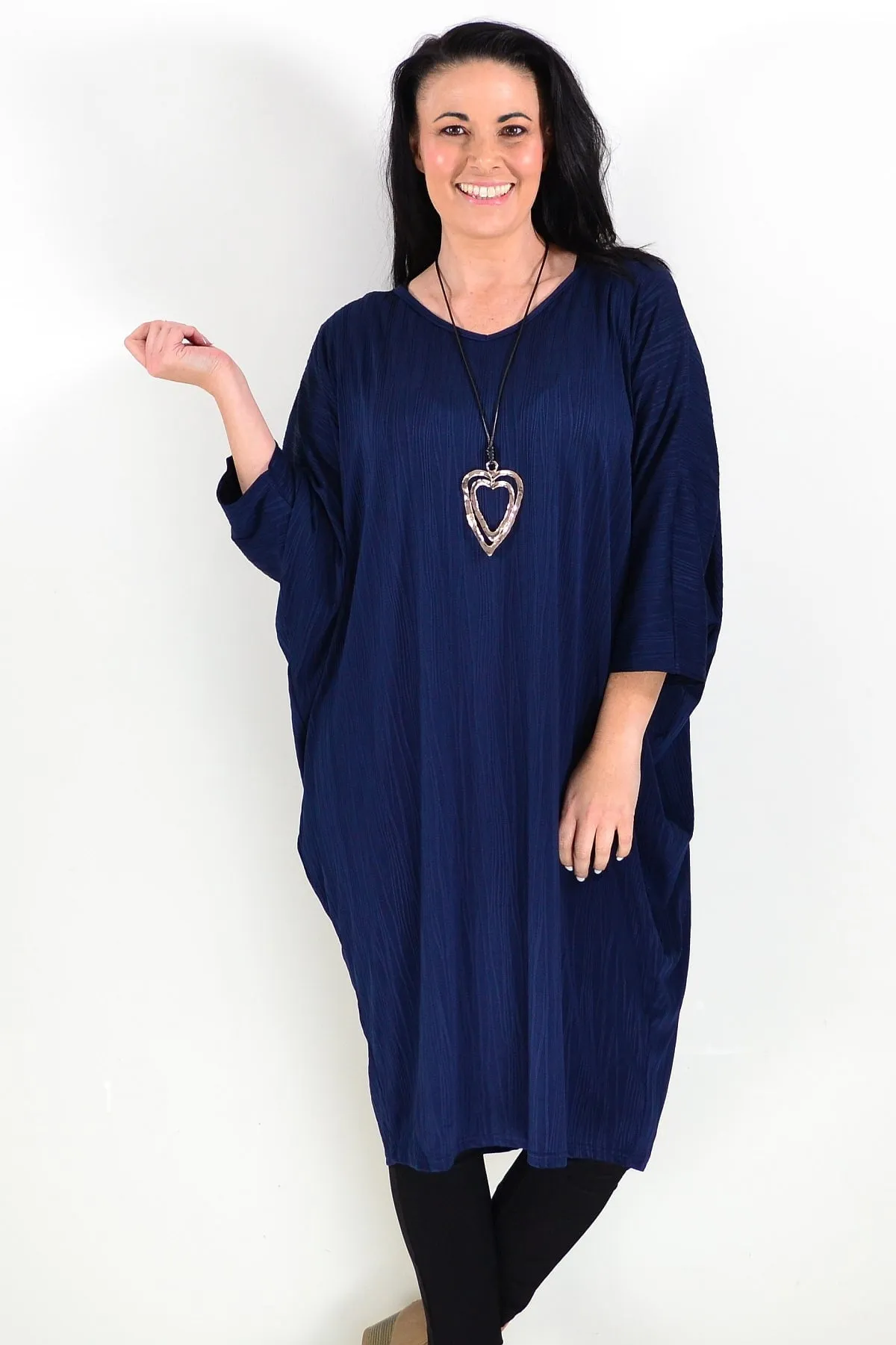 Free Size Navy Ribbed Oversized Tunic Dress