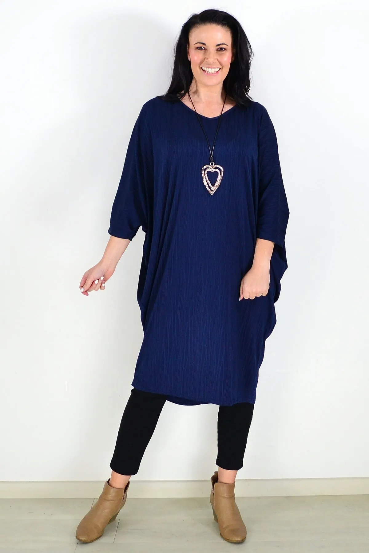 Free Size Navy Ribbed Oversized Tunic Dress