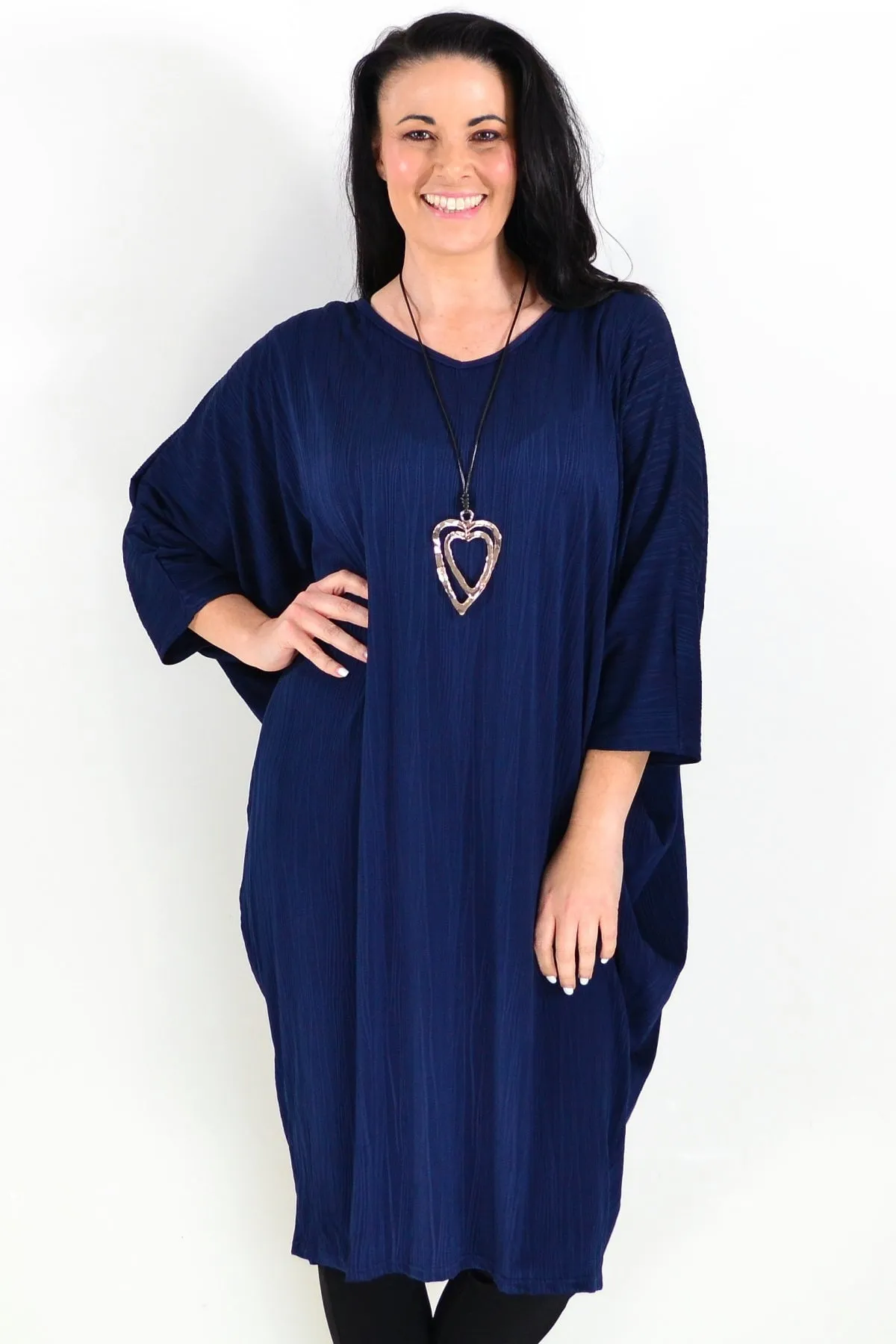 Free Size Navy Ribbed Oversized Tunic Dress