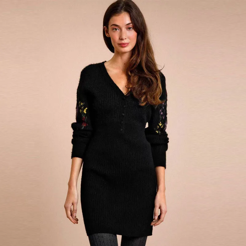 Fuzzy Floral Jacquard Rib Knit V Neck Button Up Mini Black Sweater Dress