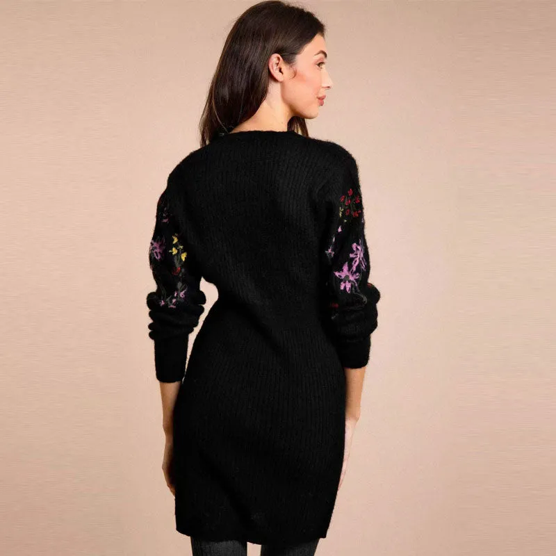 Fuzzy Floral Jacquard Rib Knit V Neck Button Up Mini Black Sweater Dress