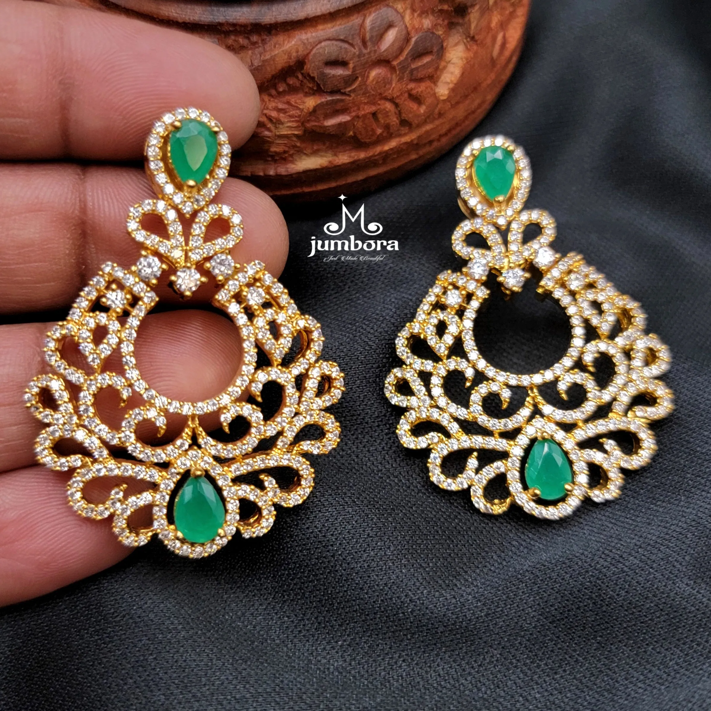 Gold Alike Green & White AD Zircon Chaandbali Earring