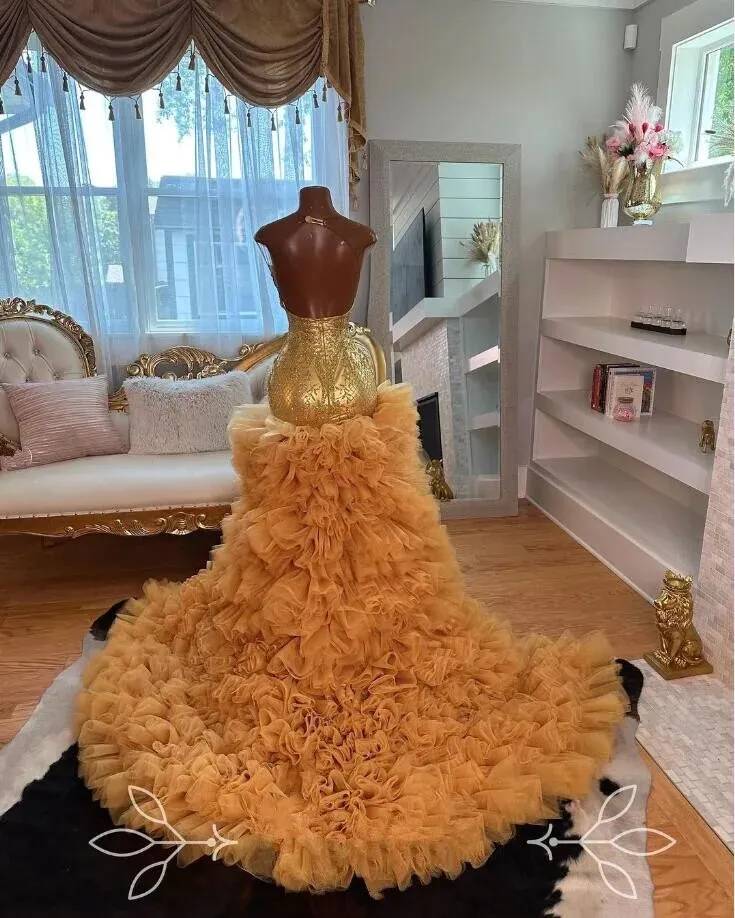 Gold High Low Black Girl Prom Dress for Women 2024 Sparkly Diamond Crystal Ruffles Skirt Mermaid Wedding Party Gown