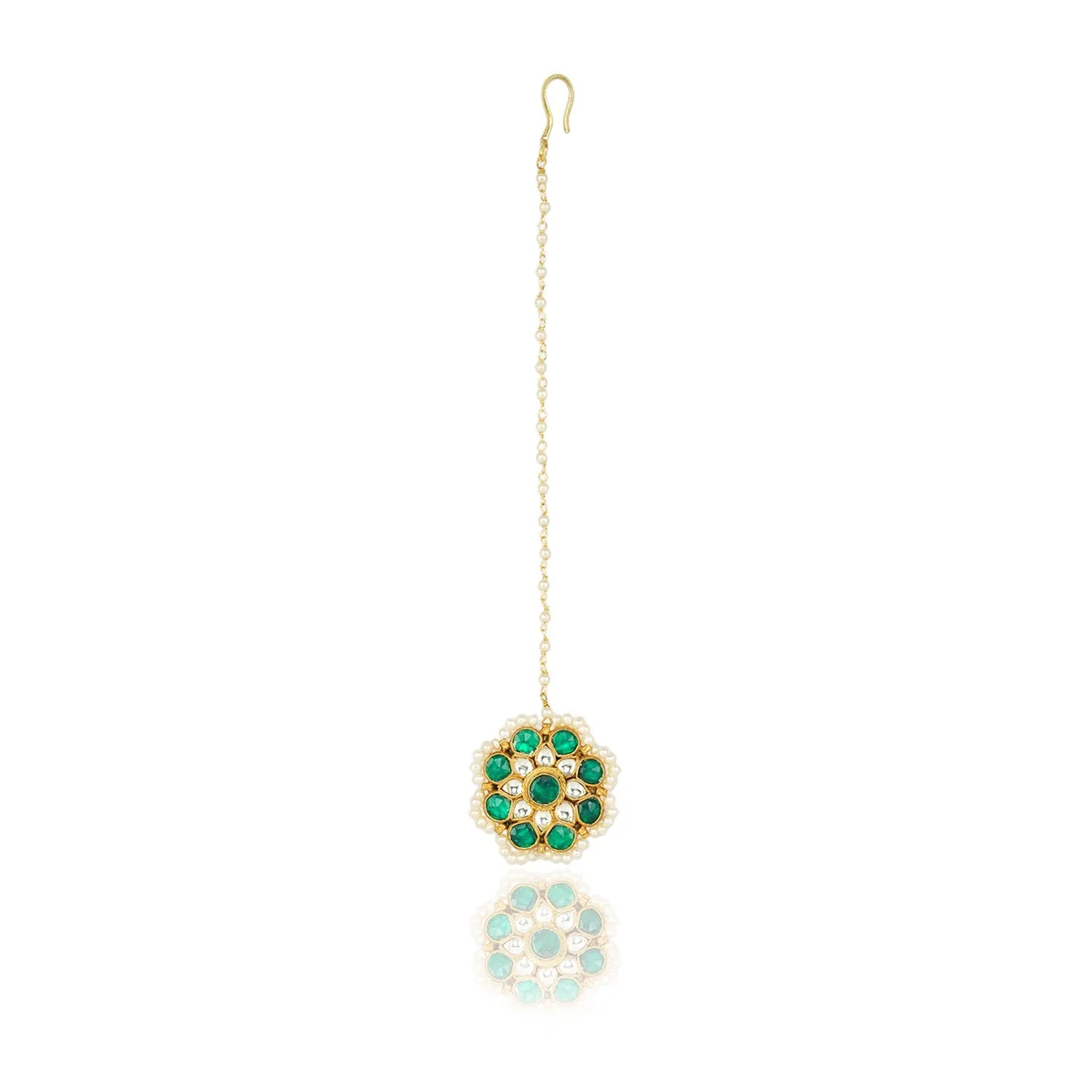 Gold Plated Green white  Kundan Flower Tikka