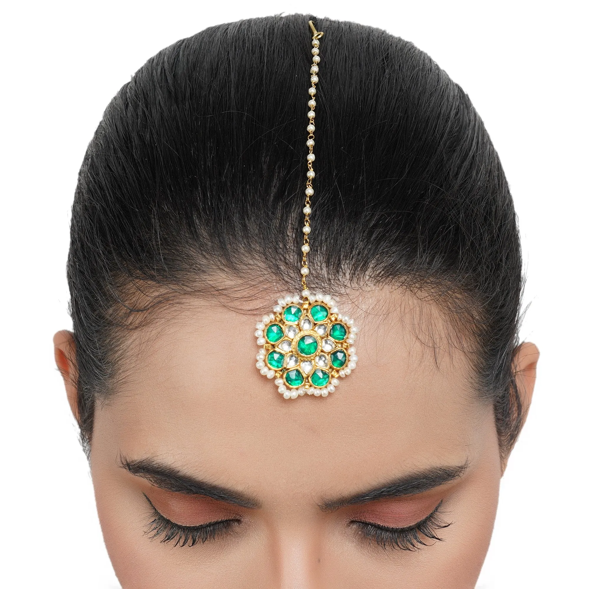 Gold Plated Green white  Kundan Flower Tikka