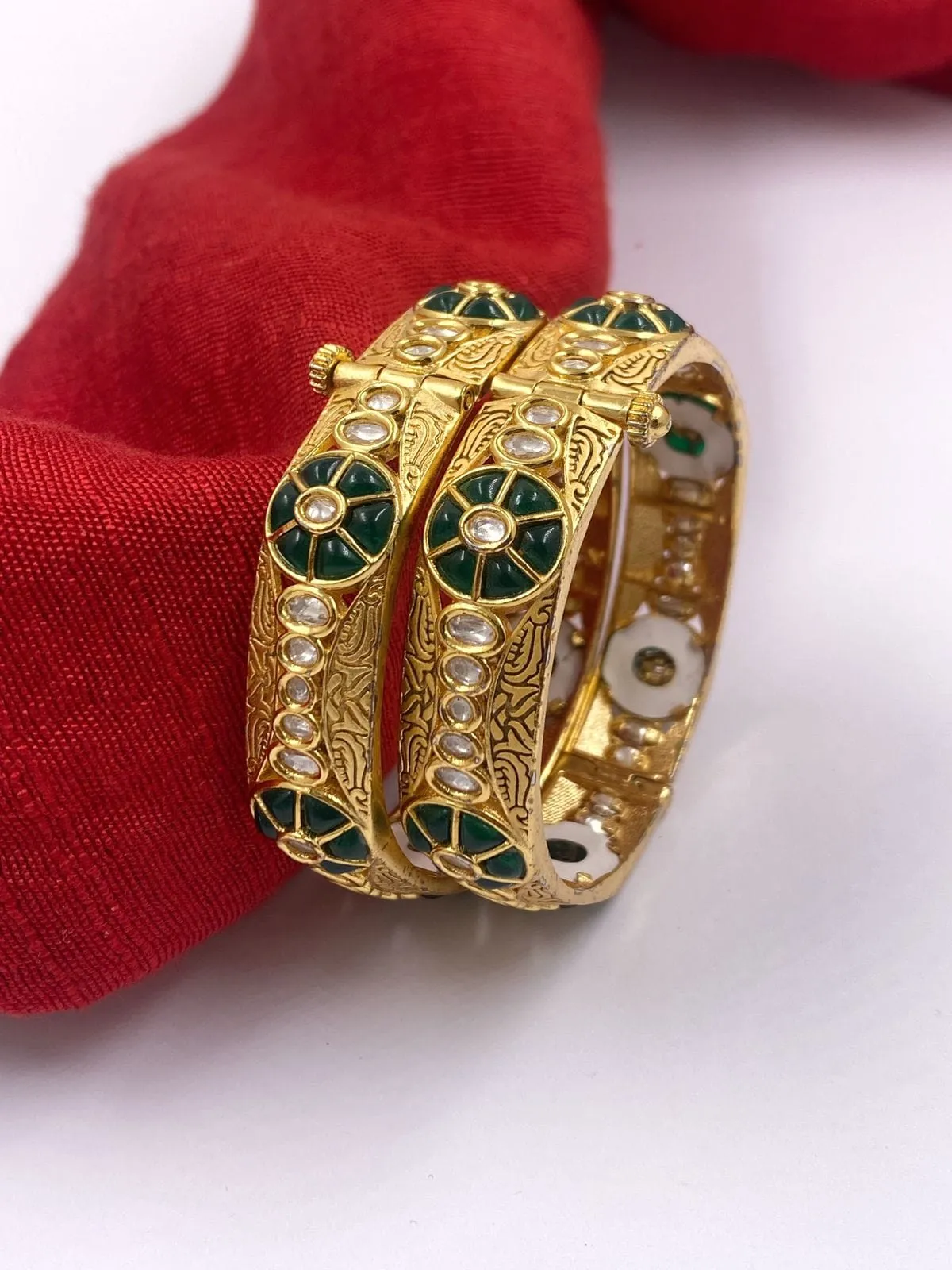 Gold Plated Traditional Uncut Polki Green Kundan Bangles For Women By Gehna Shop