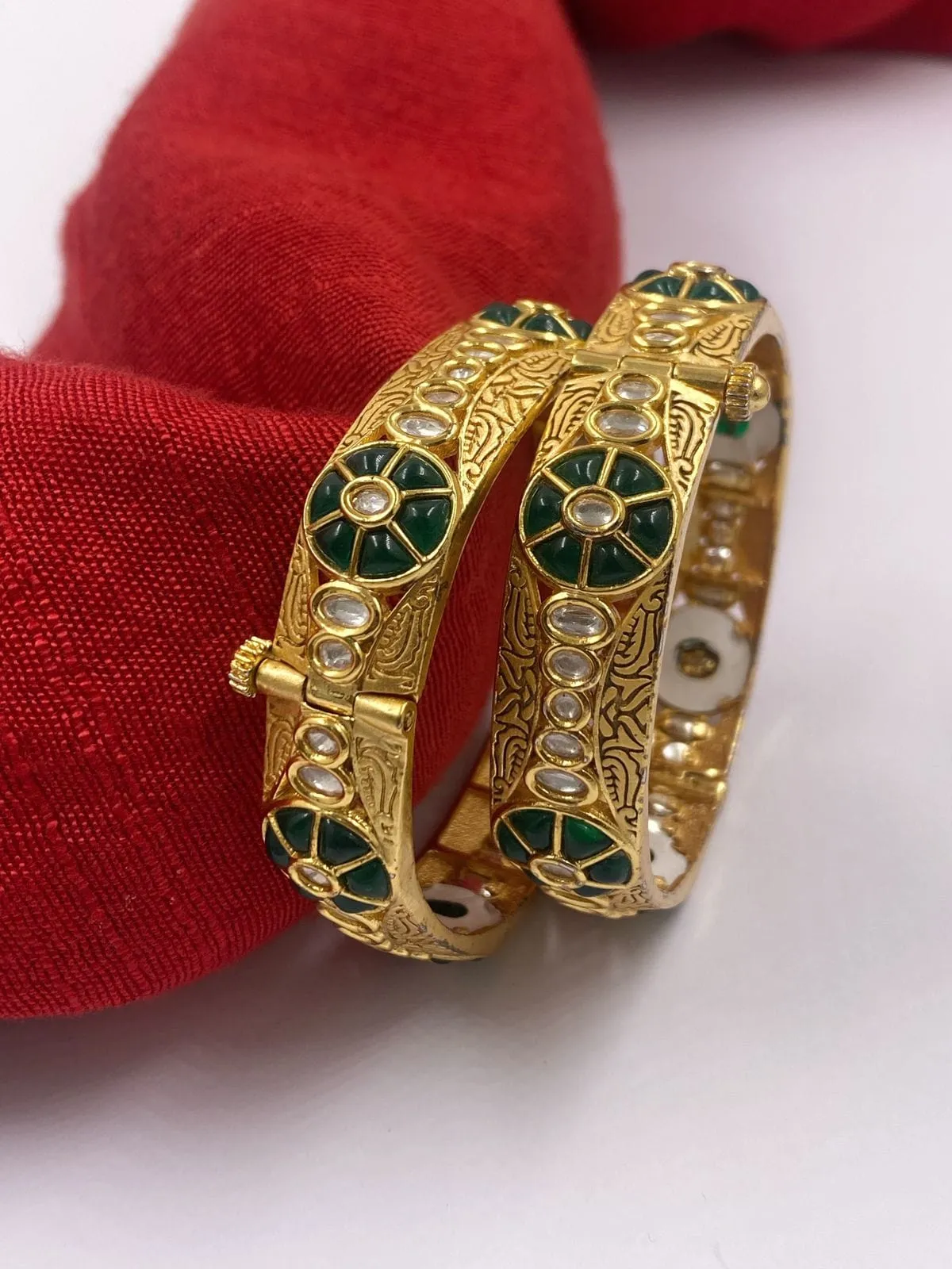 Gold Plated Traditional Uncut Polki Green Kundan Bangles For Women By Gehna Shop