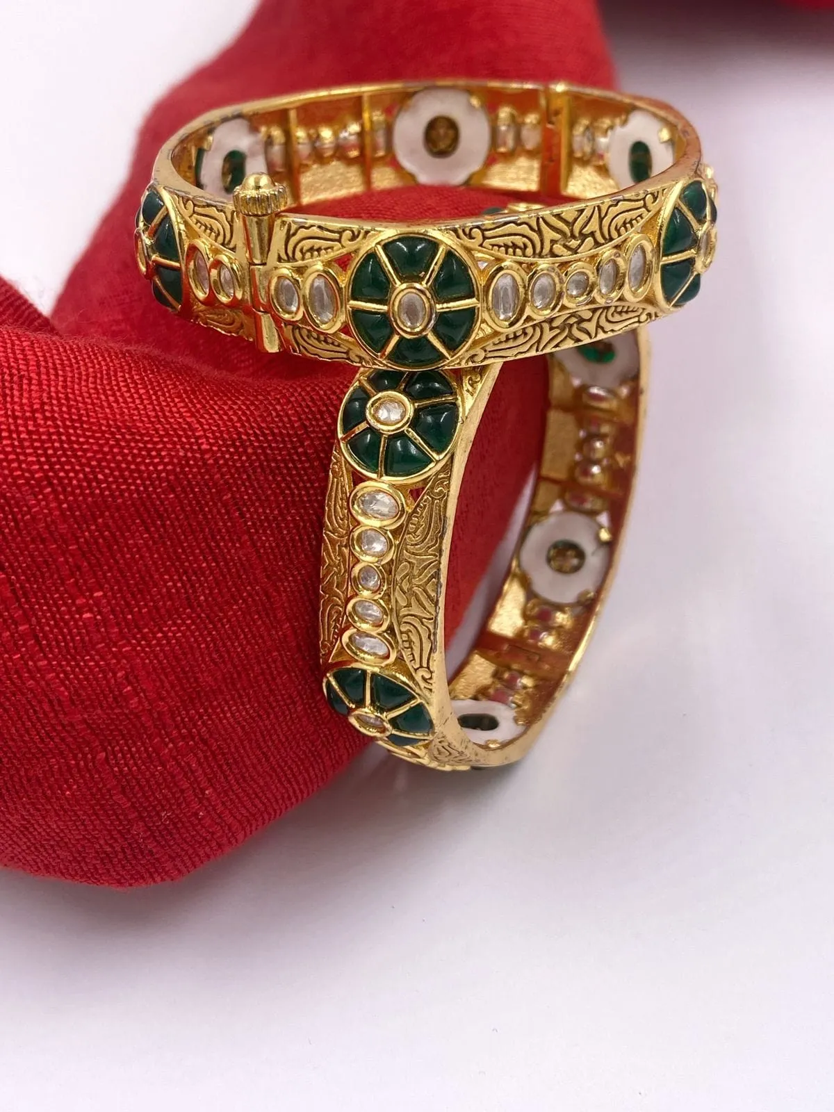 Gold Plated Traditional Uncut Polki Green Kundan Bangles For Women By Gehna Shop