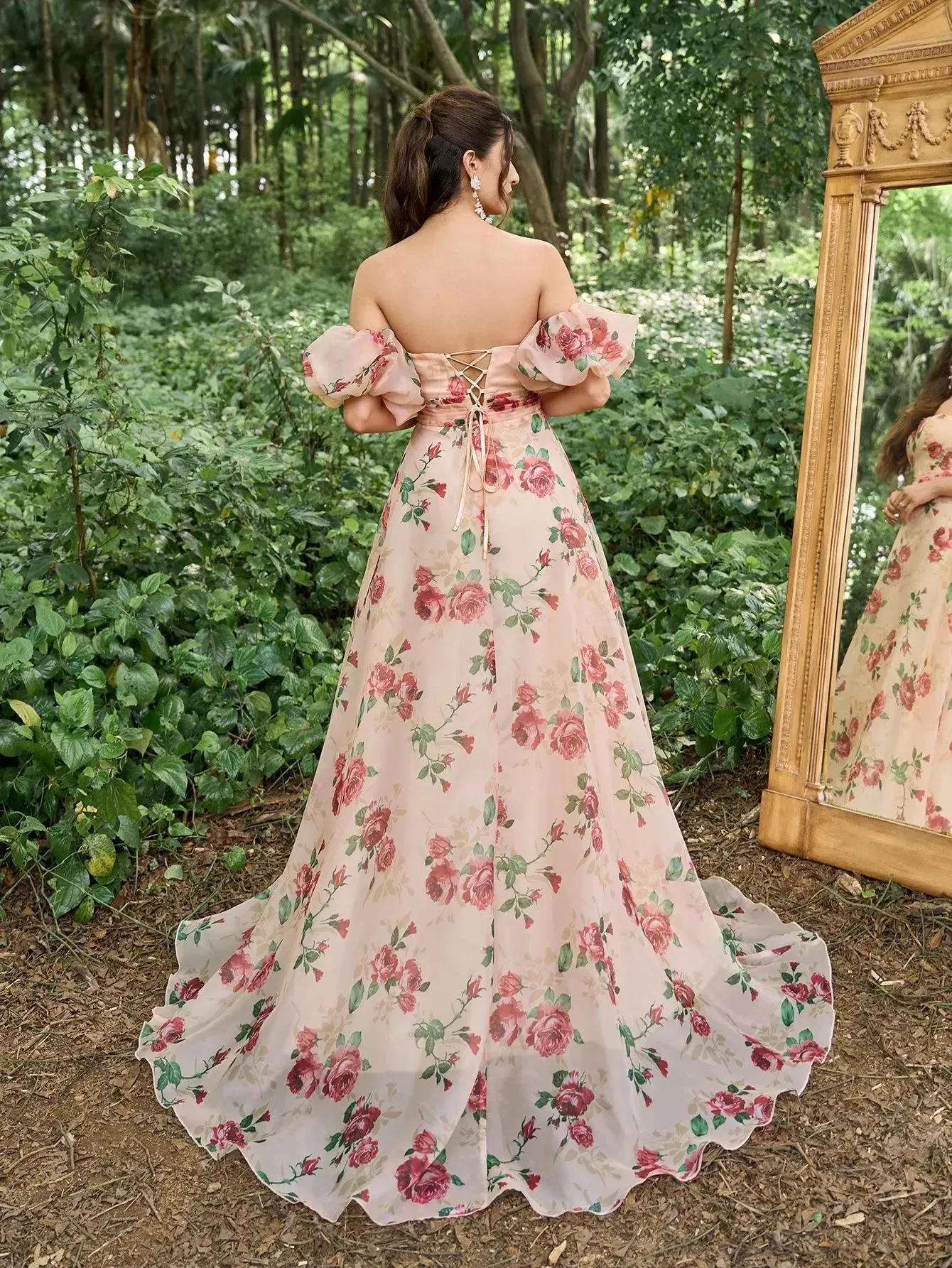 Gorgeous Off Shoulder Puff Sleeves Floral Printed Organza Prom Dress