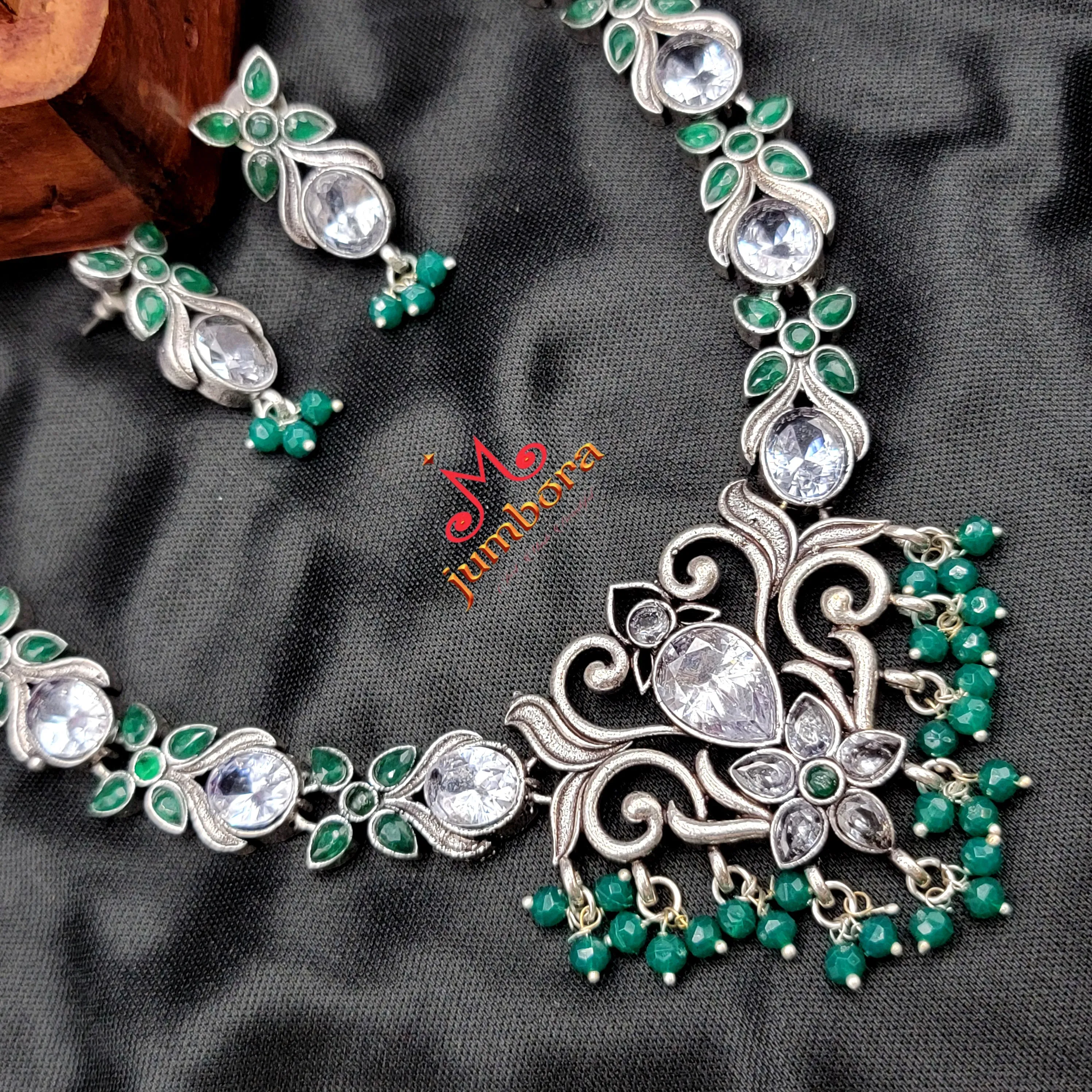 Green and White AD (Zircon) Oxidized German Silver Necklace set