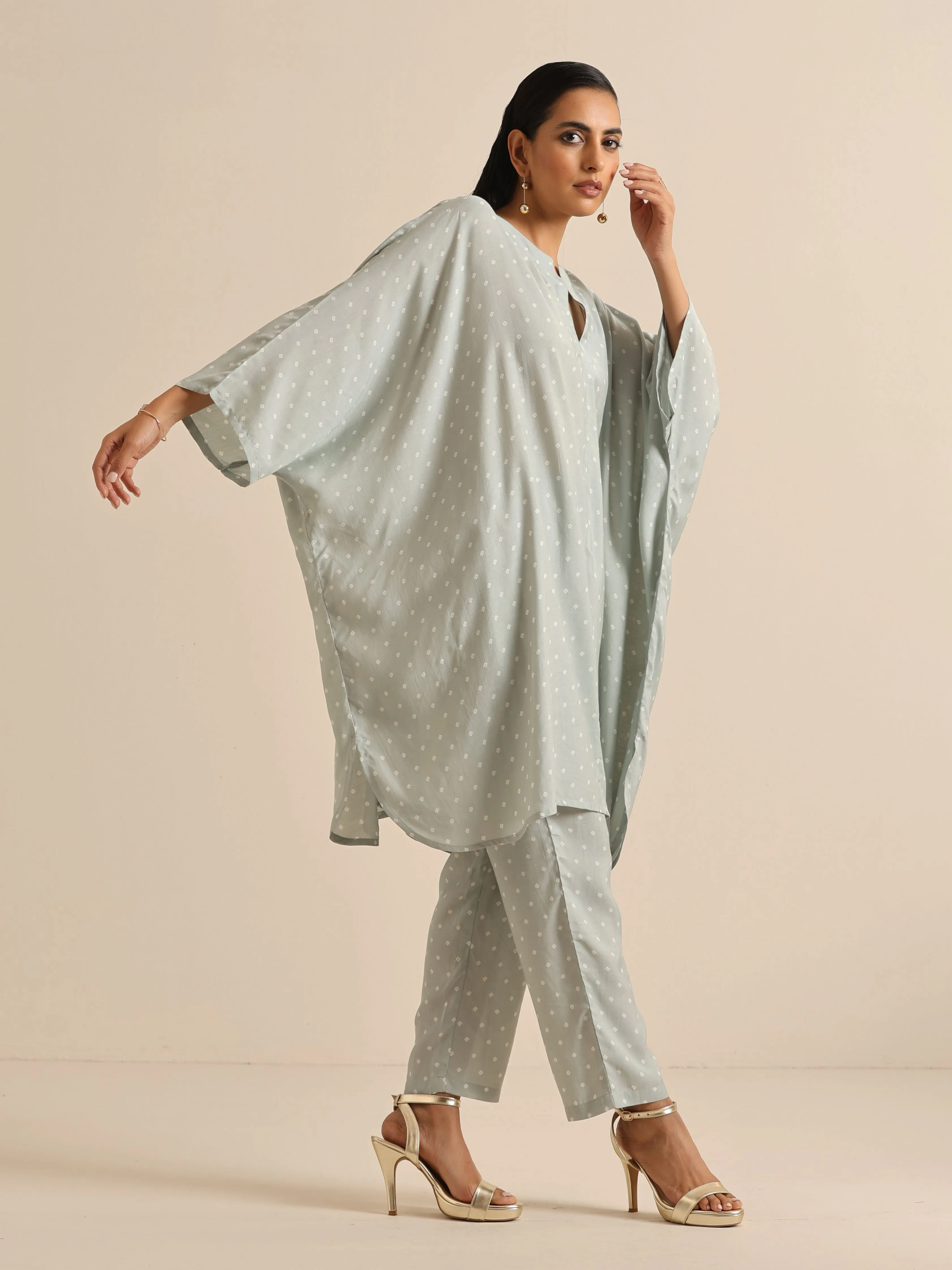 Grey Bandhani Printed Silk Kaftan Co-Ord Set