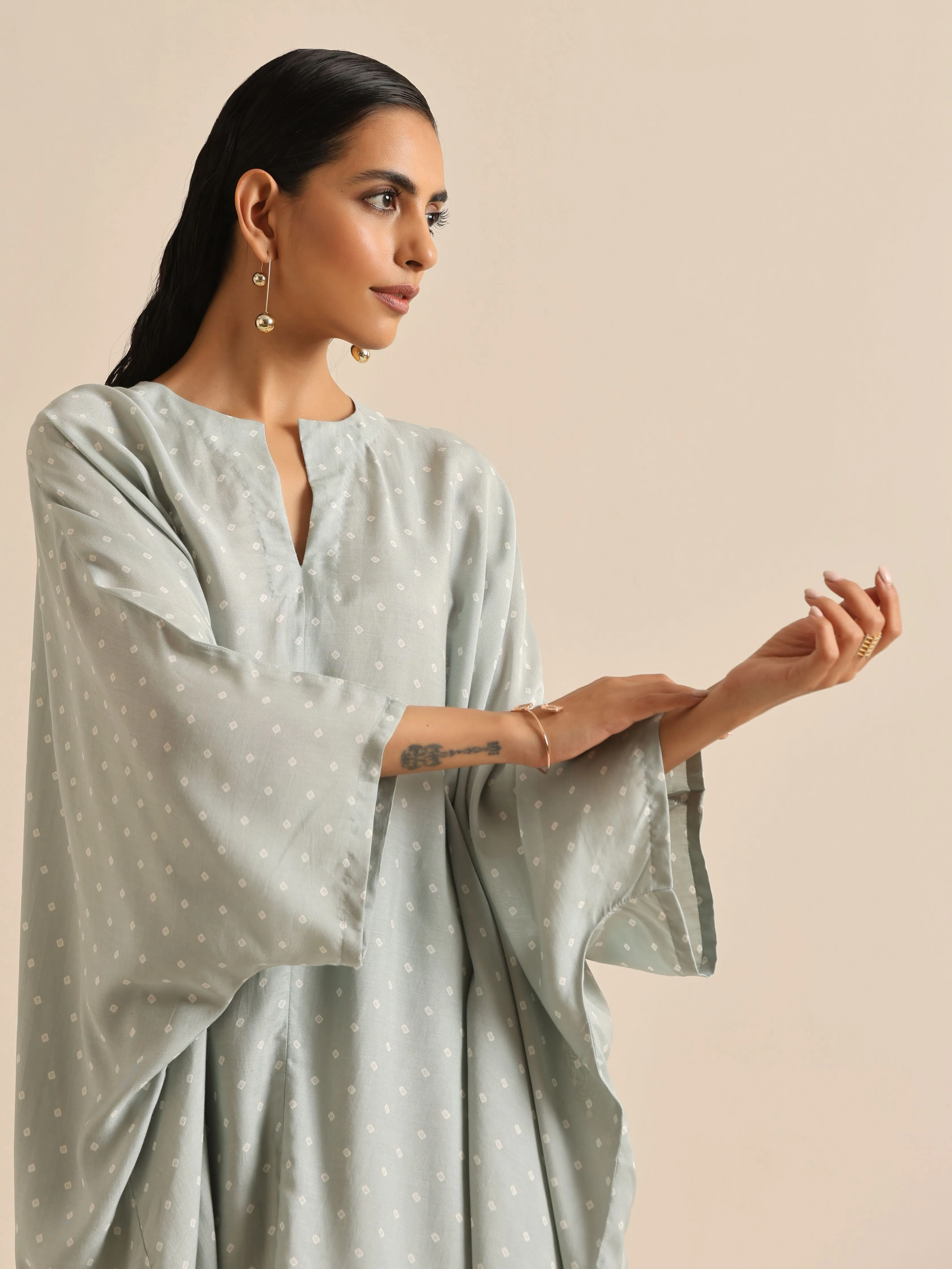 Grey Bandhani Printed Silk Kaftan Co-Ord Set