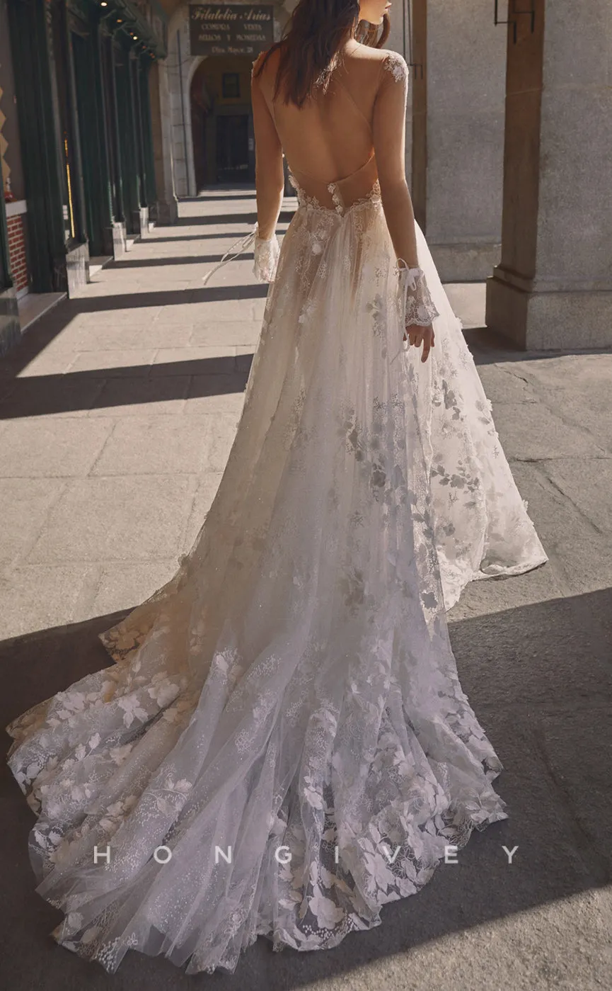 H1069 - Sexy V-Neck Backless Illusion Floral Embellished Lace Long Sleeves Beach/Boho Wedding Dress