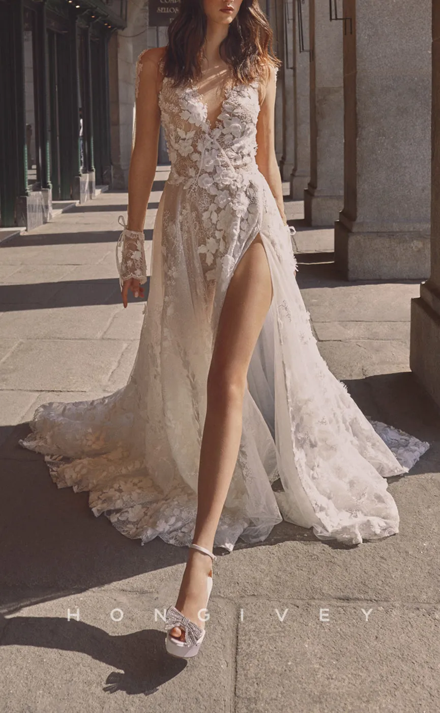 H1069 - Sexy V-Neck Backless Illusion Floral Embellished Lace Long Sleeves Beach/Boho Wedding Dress