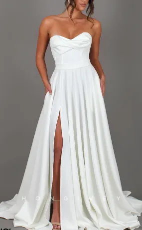 H1154 - Sexy Satin A-Line Sweetheart Strapless Sleeveless With Side Slit Train  Wedding Dress