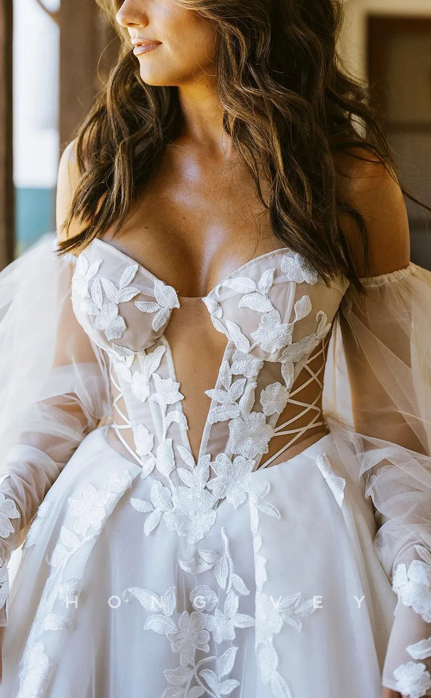 H1186 - Sexy Tulle A-Line Off-Shoulder Long Sleeve Empire Appliques Boho Wedding Dress