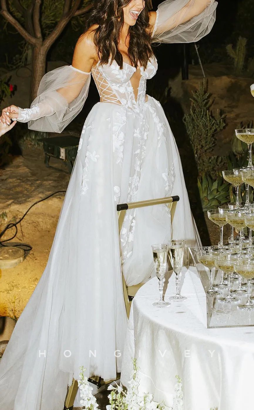 H1186 - Sexy Tulle A-Line Off-Shoulder Long Sleeve Empire Appliques Boho Wedding Dress