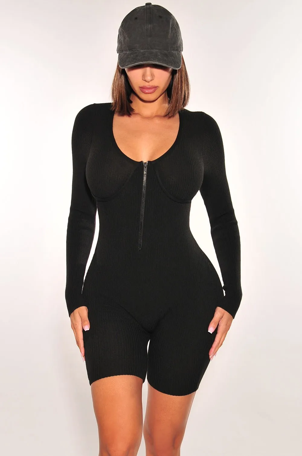 HMS Essential: Black Ribbed Knit Faux Bustier Zipper Long Sleeves Romper