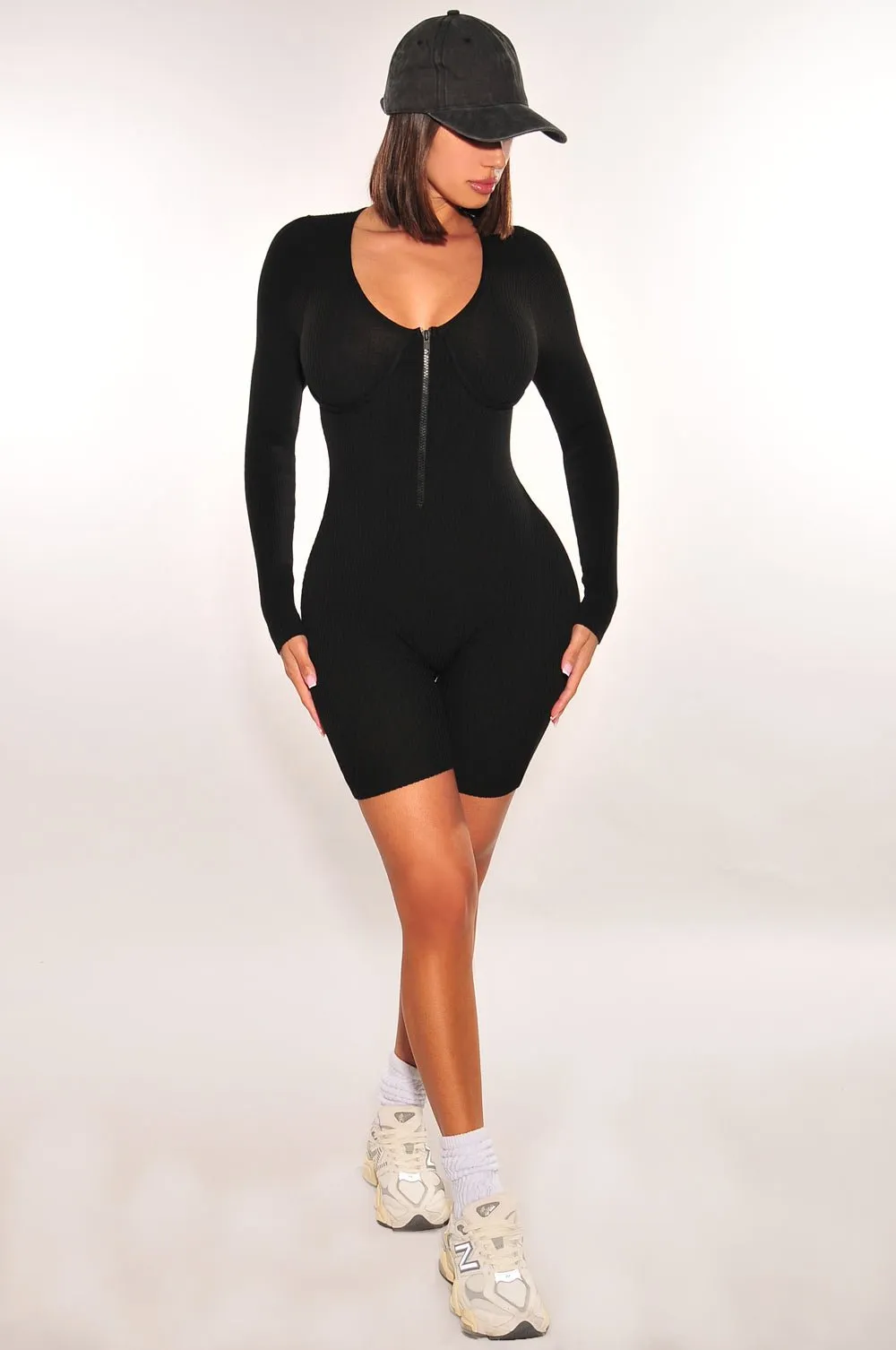 HMS Essential: Black Ribbed Knit Faux Bustier Zipper Long Sleeves Romper