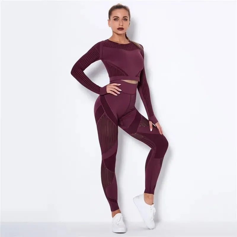 Hollow Out Yoga Set in Wine Red - Anti-Pilling, Tummy Control