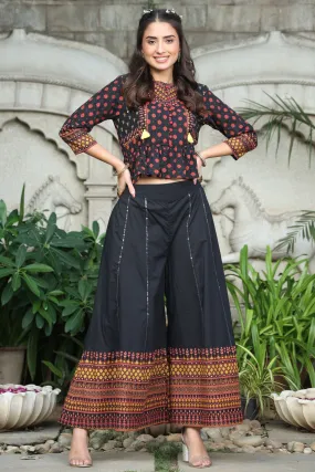 Juniper Black Ethnic Motif Printed Pure Cotton Peplum Co-Ord Set With Tassels