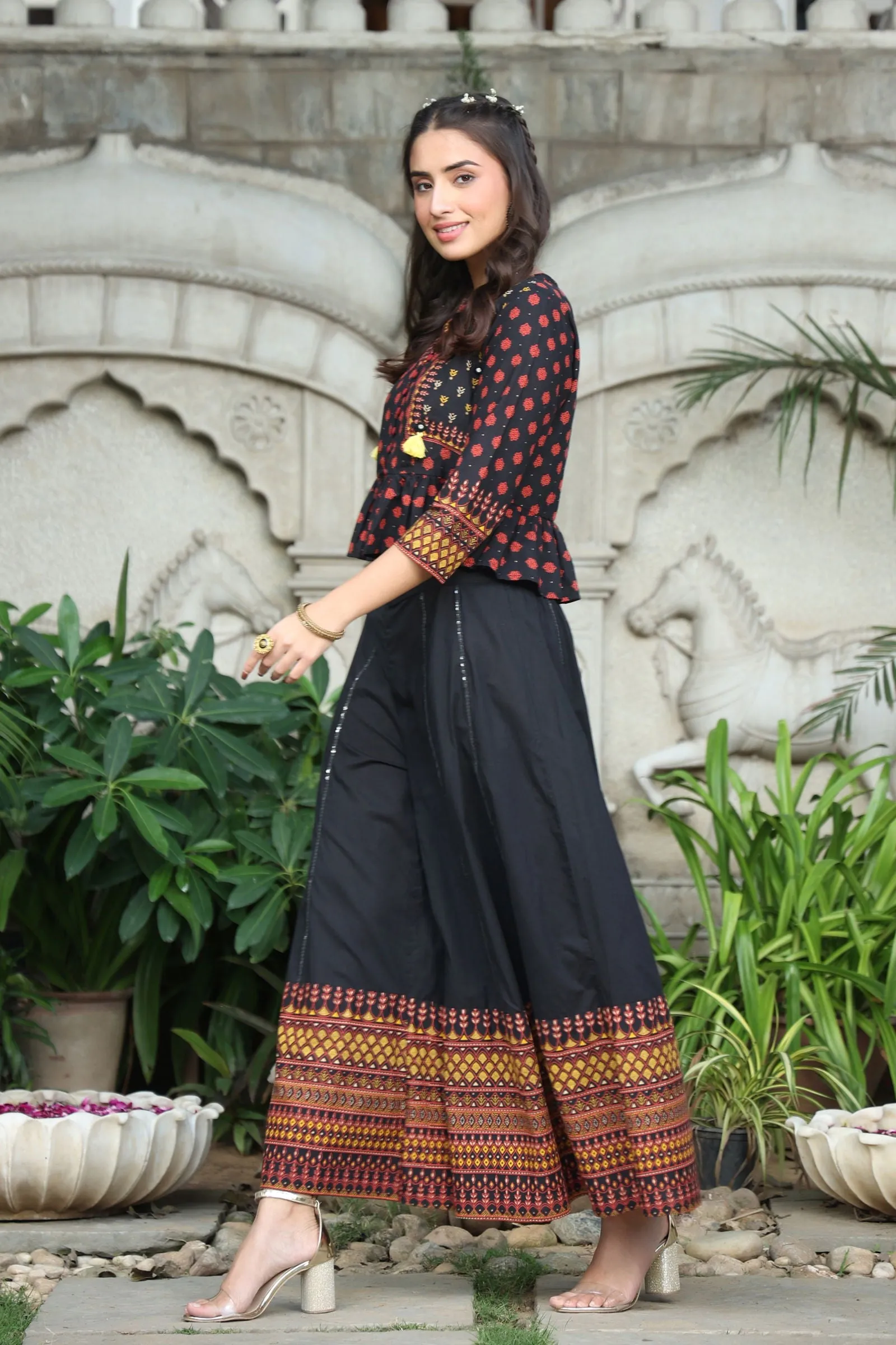 Juniper Black Ethnic Motif Printed Pure Cotton Peplum Co-Ord Set With Tassels