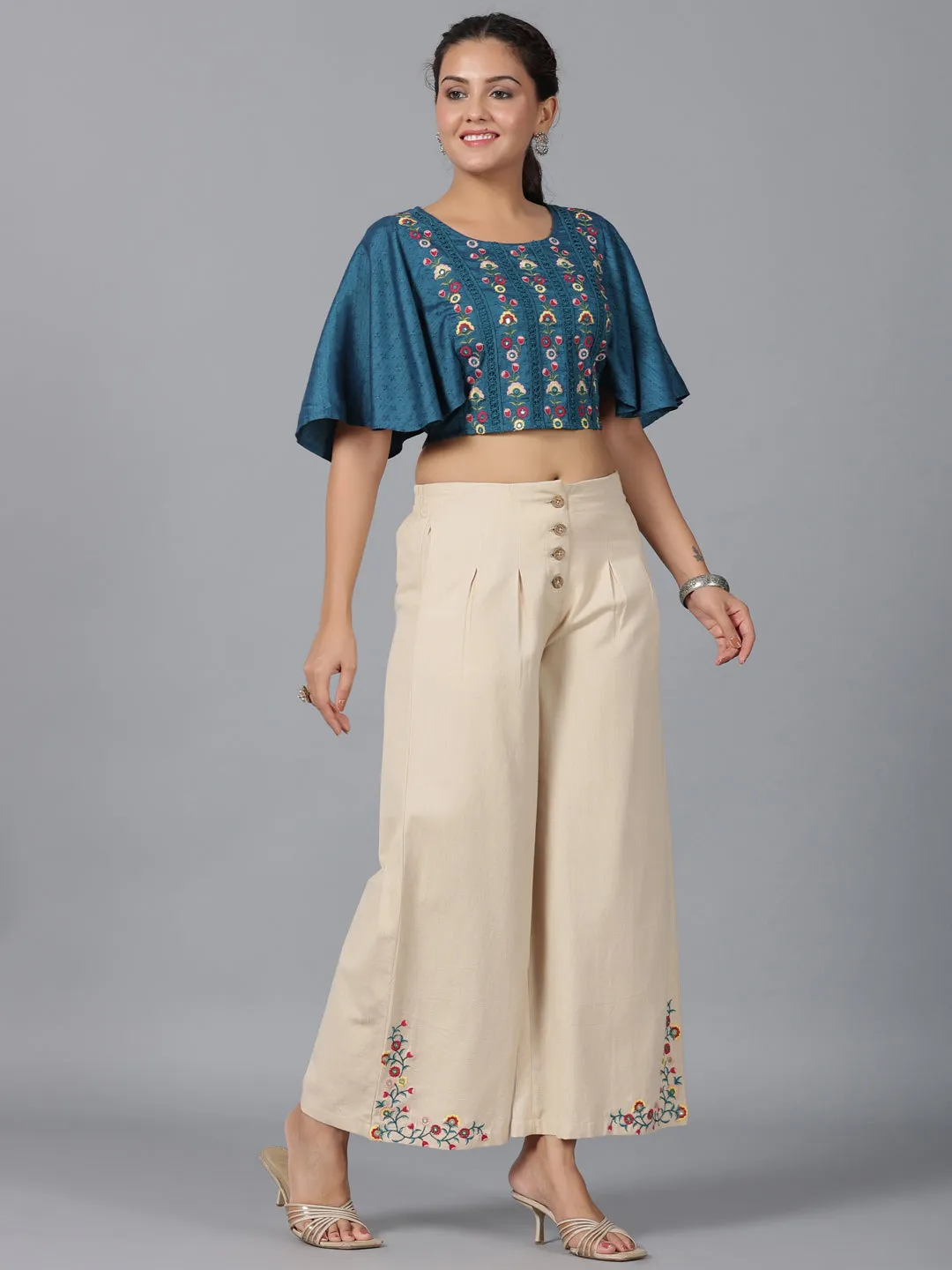 Juniper Women Blue Rayon Embroidered Co-ord  Set